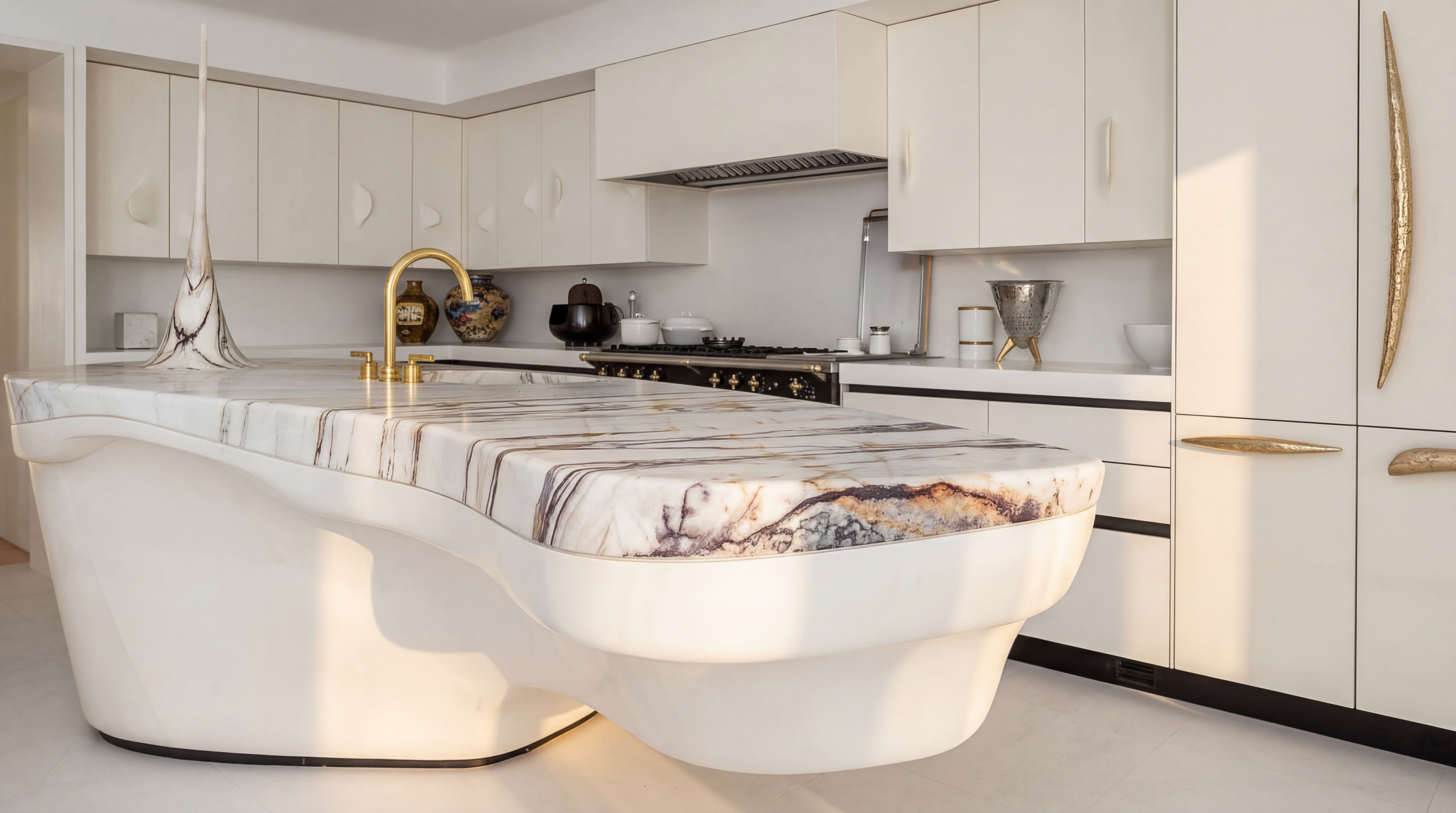 This kitchen features a distinctively sculpted island with a dramatic marble countertop, showcasing a luxurious and modern aesthetic. The room is accented by gold hardware, including a unique faucet and custom door handles, set against clean white cabinetry. The composition highlights a sophisticated, high-end design that blends artful curves with functional culinary elements.
