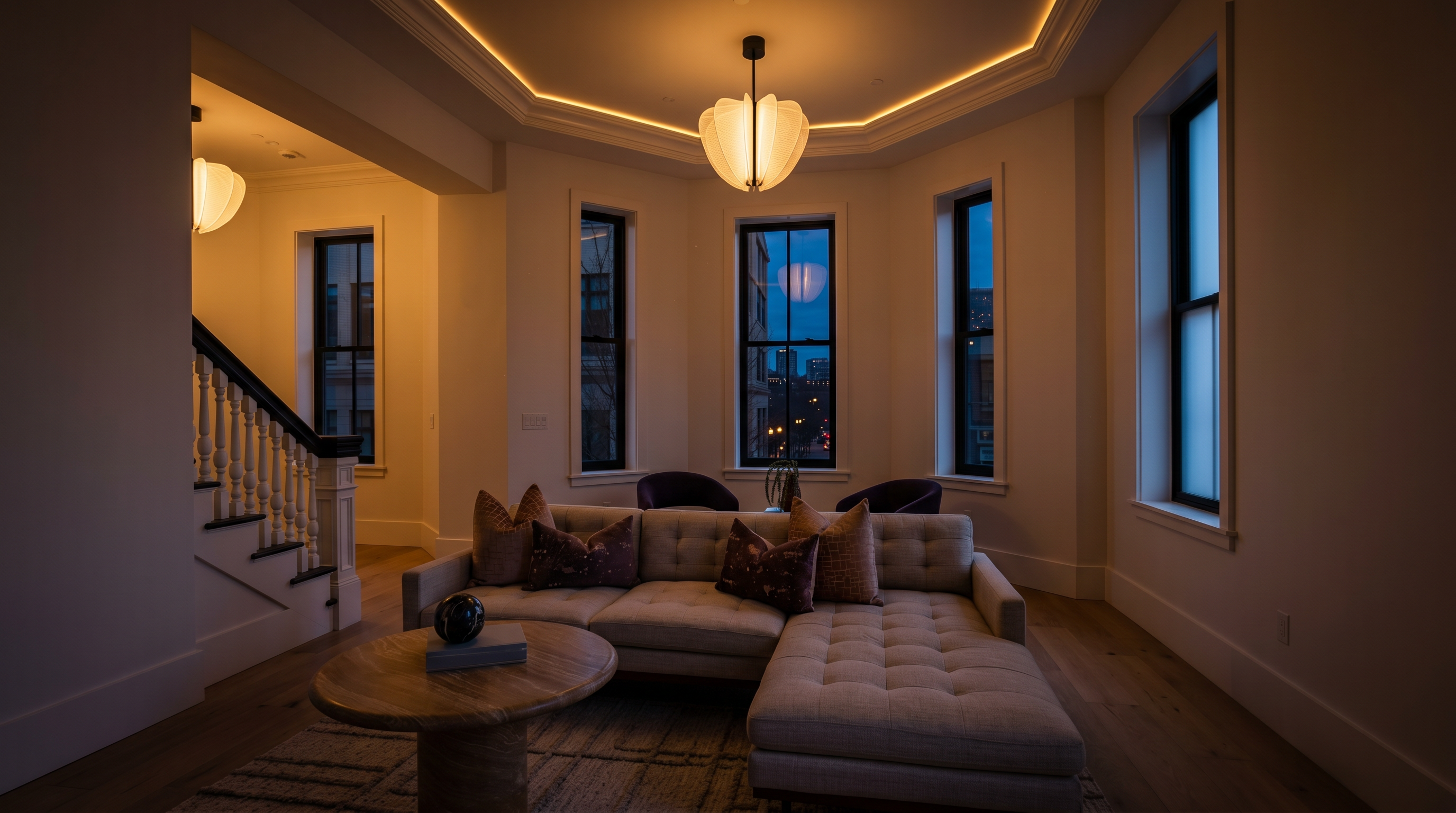 This bright and airy living room features a neutral-toned sectional sofa accented with textured throw pillows, centered around a round stone coffee table on a large area rug. The space is defined by light wood flooring, tall windows that allow for ample natural light, and a sophisticated pendant light fixture hanging from a tray ceiling. A staircase with a dark railing is visible in the background, adding architectural interest to this open and inviting living area.