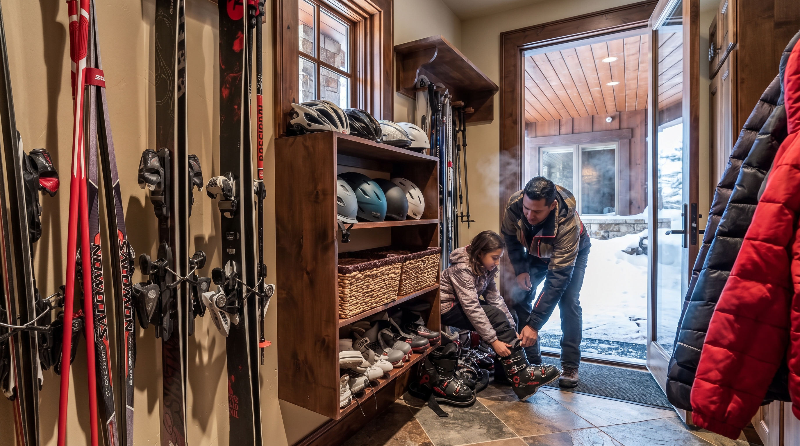 This mudroom or ski entry area features rustic wooden cabinetry for gear storage, including dedicated ski racks and helmet shelving. It serves as a practical transition space, directly connecting to the outdoors and providing ample organization for winter sports equipment. The warm wood tones and stone-tiled flooring create a cozy, functional atmosphere suitable for a mountain residence.