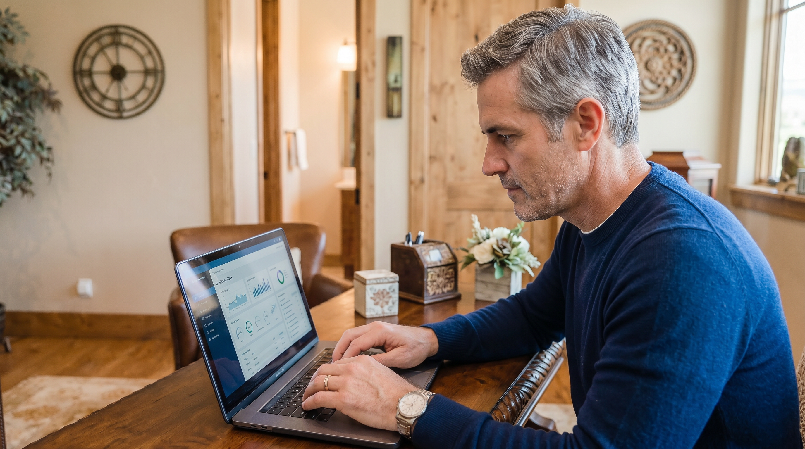 This home office features a professional, warm aesthetic with classic wood finishes, an ornate wall clock, and decorative millwork elements. A man is seated at a substantial wooden desk using a laptop, suggesting a functional workspace integrated comfortably into a residential setting. The decor is traditional and refined, conveying a quiet, focused atmosphere ideal for a productive environment.