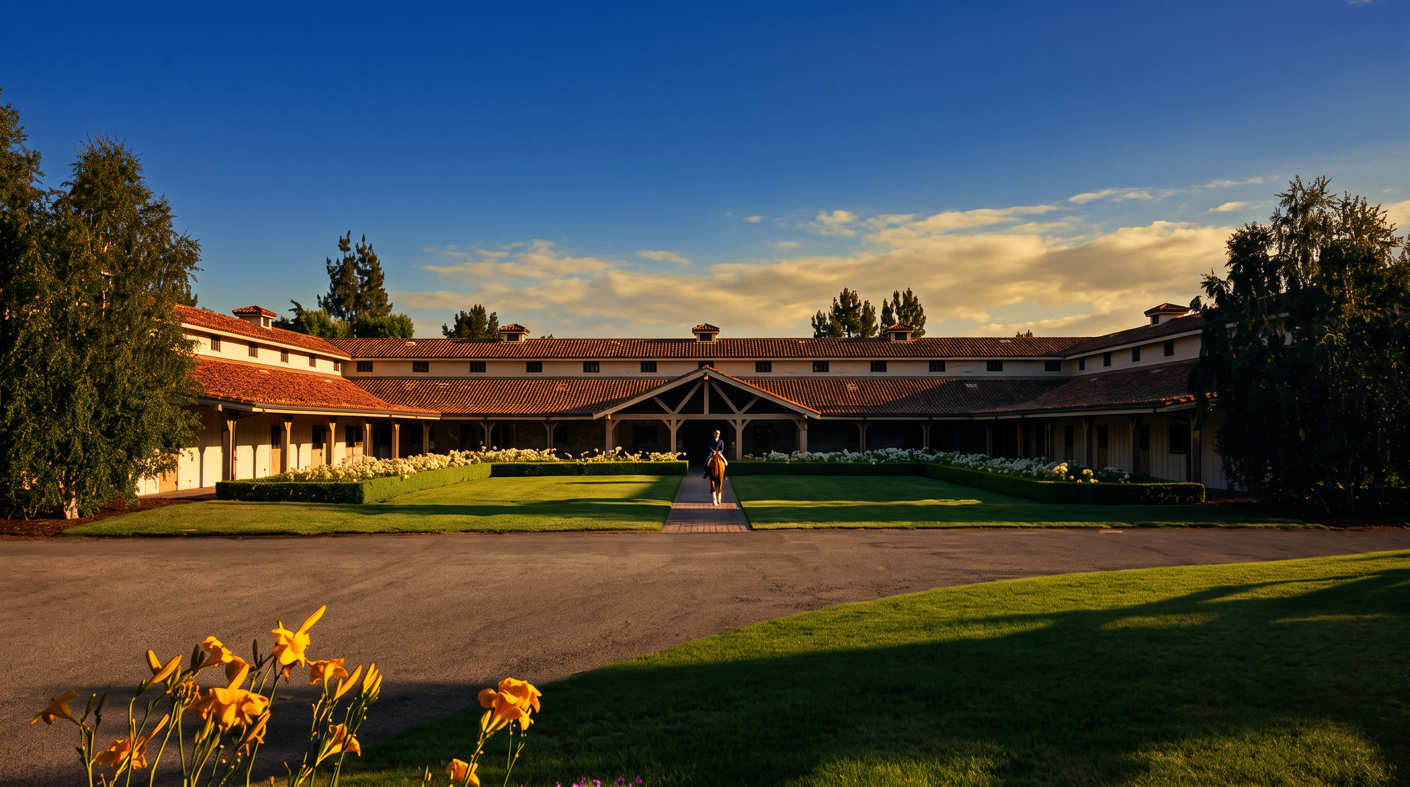 This expansive equestrian estate features a U-shaped stable complex with a classic, rustic architectural style, characterized by a long, tiled roofline and a central covered breezeway. A rider on horseback is positioned in the center of a manicured courtyard, which is framed by lush green lawns and neatly trimmed hedges. The scene is captured from a low, wide-angle perspective, emphasizing the grand scale and serene, pastoral atmosphere of the property.