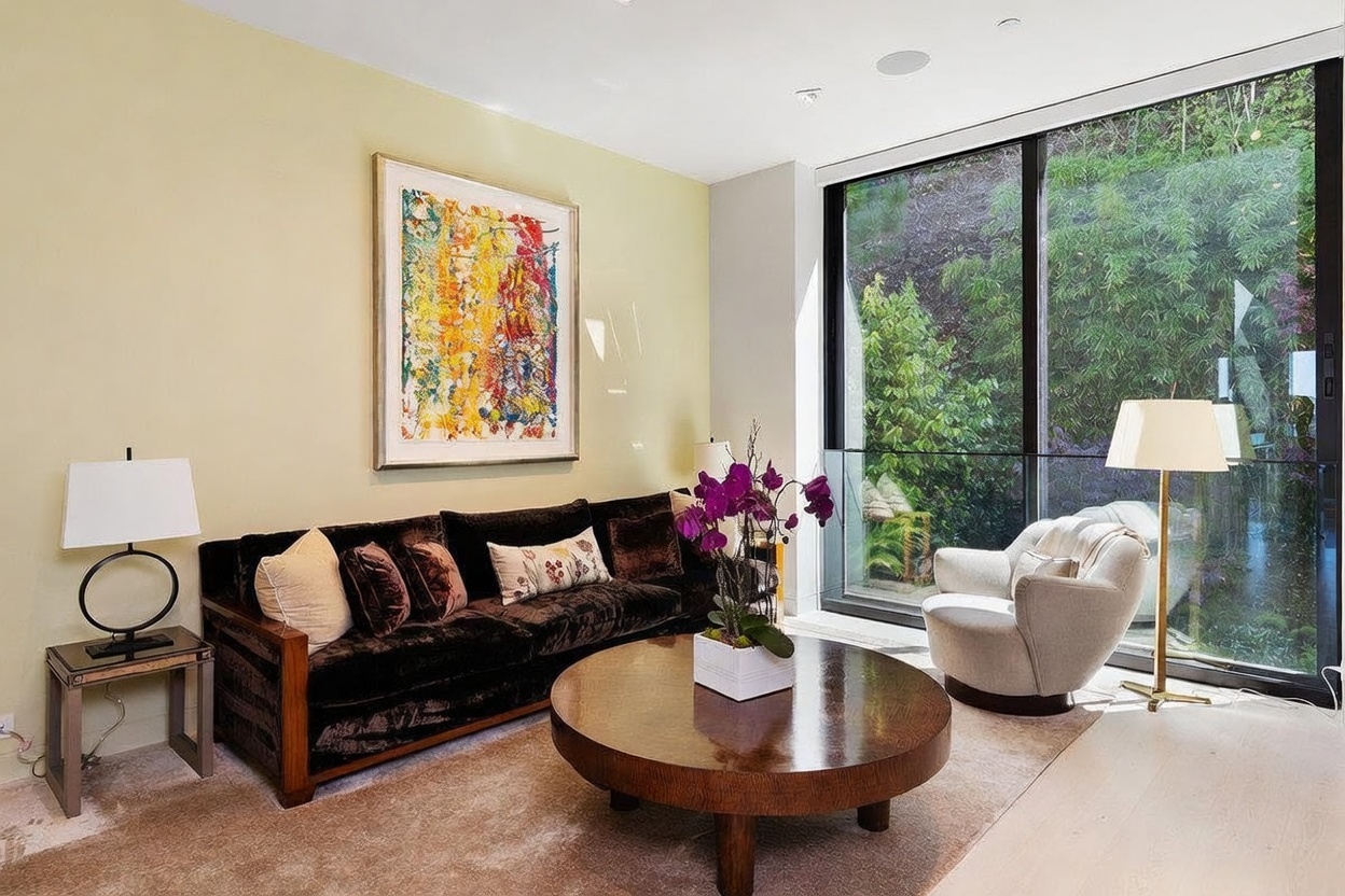 This contemporary living room features a plush, dark-toned sofa accented with patterned throw pillows, positioned around a large, circular wooden coffee table. A vibrant, abstract piece of art hangs on the light-colored wall, while a sleek floor lamp and a side table with a lamp provide warm lighting. The space is anchored by a large window that offers a serene view of lush greenery outside, creating a bright and inviting atmosphere.