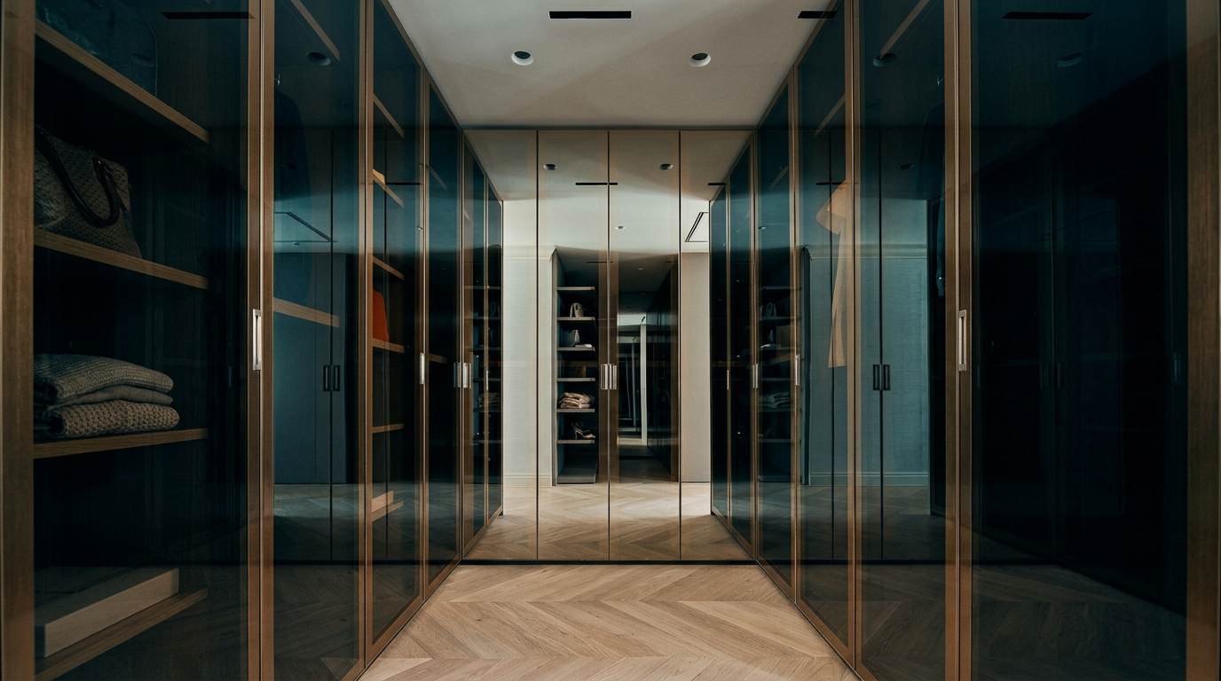This sophisticated walk-in closet features floor-to-ceiling glass-front cabinetry with warm wood framing, creating a luxurious and organized storage space. The room is anchored by light-toned herringbone hardwood flooring and illuminated by recessed ceiling lights, providing a clean, modern aesthetic. The symmetrical layout and reflective surfaces offer a cinematic, high-end perspective that emphasizes depth and elegance.