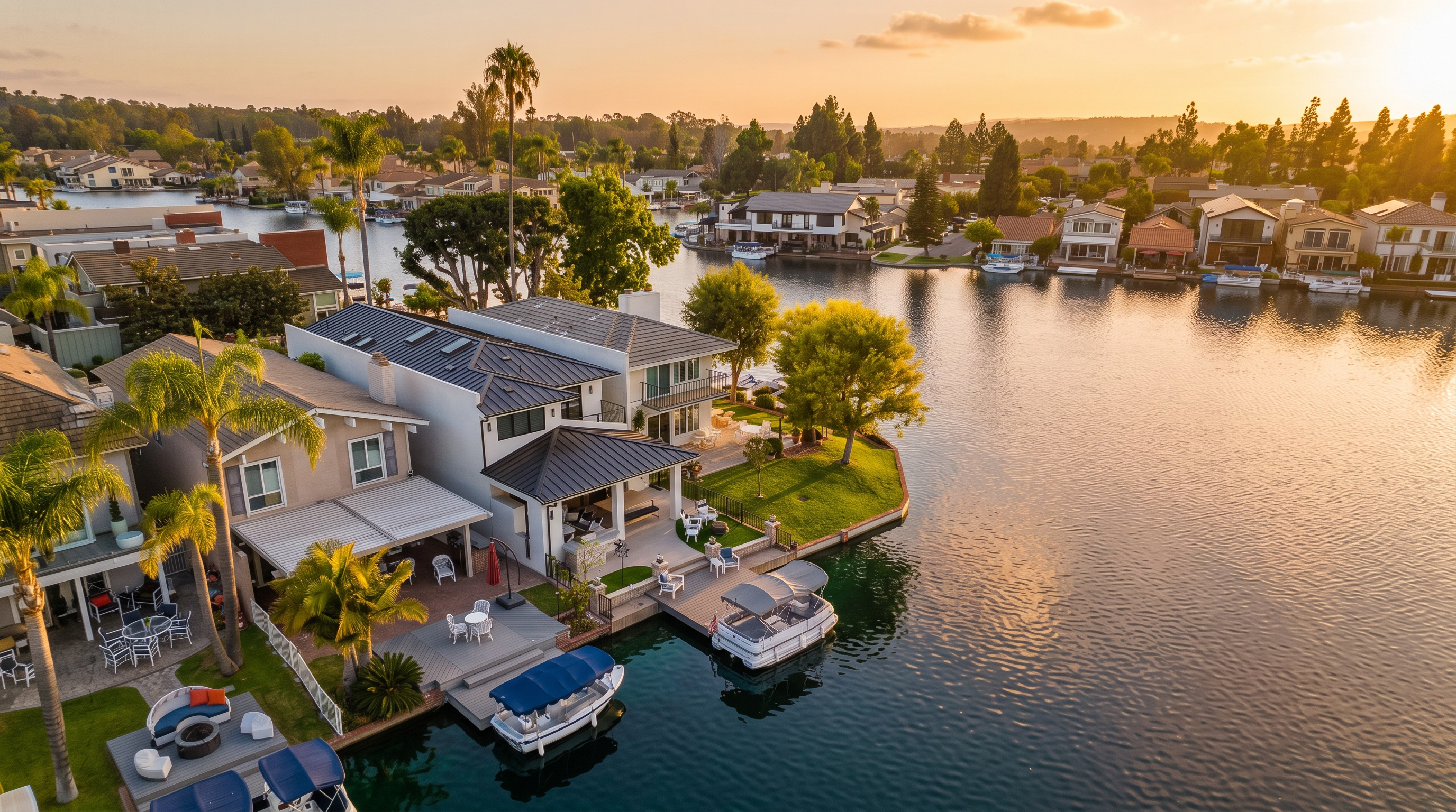 This stunning aerial view highlights a premium waterfront property situated on a tranquil lake. The home features a modern architectural design with multiple outdoor living spaces, including a covered patio, a spacious lawn area, and a private dock accommodating two boats. The vibrant blue water and manicured landscape create an inviting, luxurious atmosphere ideal for waterfront recreation.