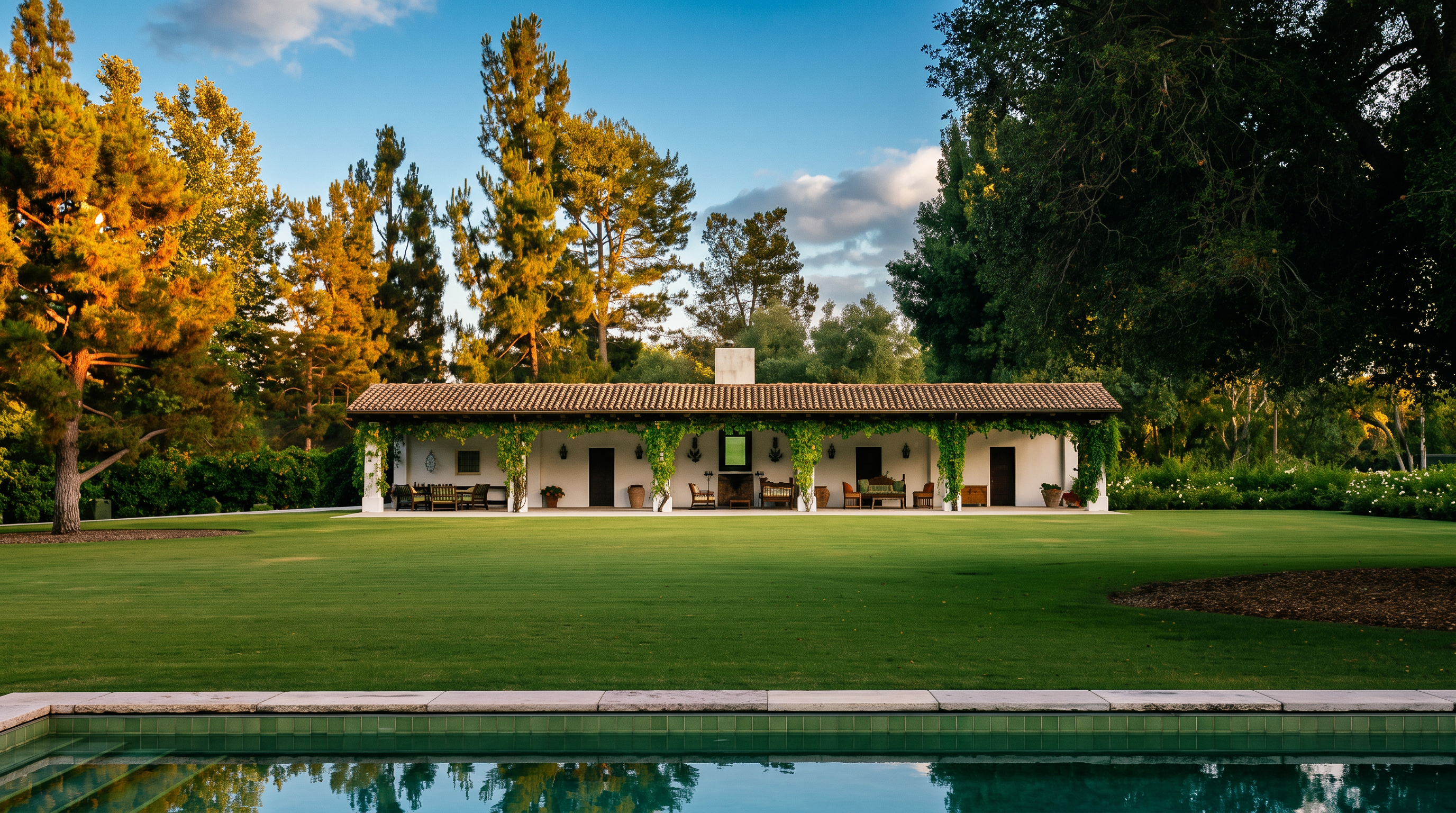 This serene outdoor scene features a long, single-story structure with a classic tile roof and a covered loggia draped in lush vines. The building overlooks a sprawling, manicured green lawn that leads to a swimming pool in the foreground, creating a tranquil and elegant estate atmosphere. The perspective is a wide, eye-level shot that captures the symmetry of the architecture against a backdrop of mature trees and a clear sky.