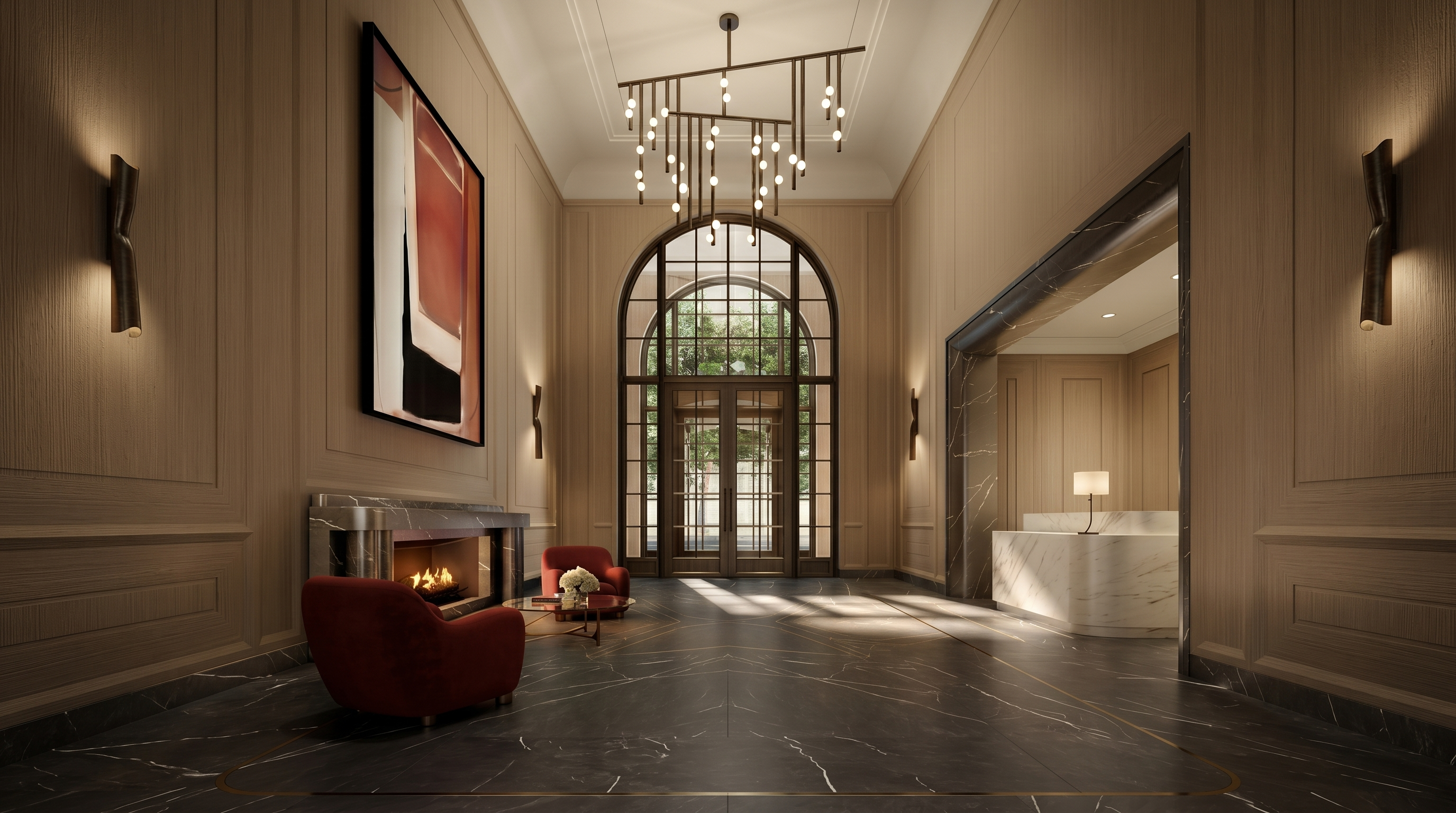 This sophisticated lobby or reception area features a grand arched entryway with tall glass doors that allow natural light to flood the space. The room is anchored by a dark stone floor with a gold inlay border, a modern chandelier, and a sleek fireplace with a stone surround. To the right, a minimalist reception desk sits within a marble-clad alcove, creating an atmosphere of refined luxury and professional elegance.