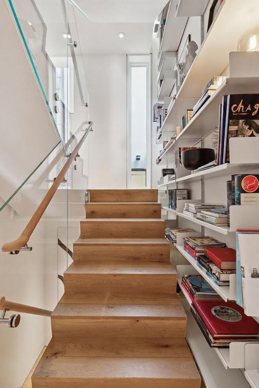 This perspective captures a modern staircase featuring light wood treads and a sleek glass railing with a wooden handrail. To the right, a tall, integrated shelving system displays a collection of books and decorative objects, creating a functional and aesthetic library wall. A narrow, vertical window at the top of the stairs allows natural light to filter into the space, emphasizing the clean, minimalist architectural design.