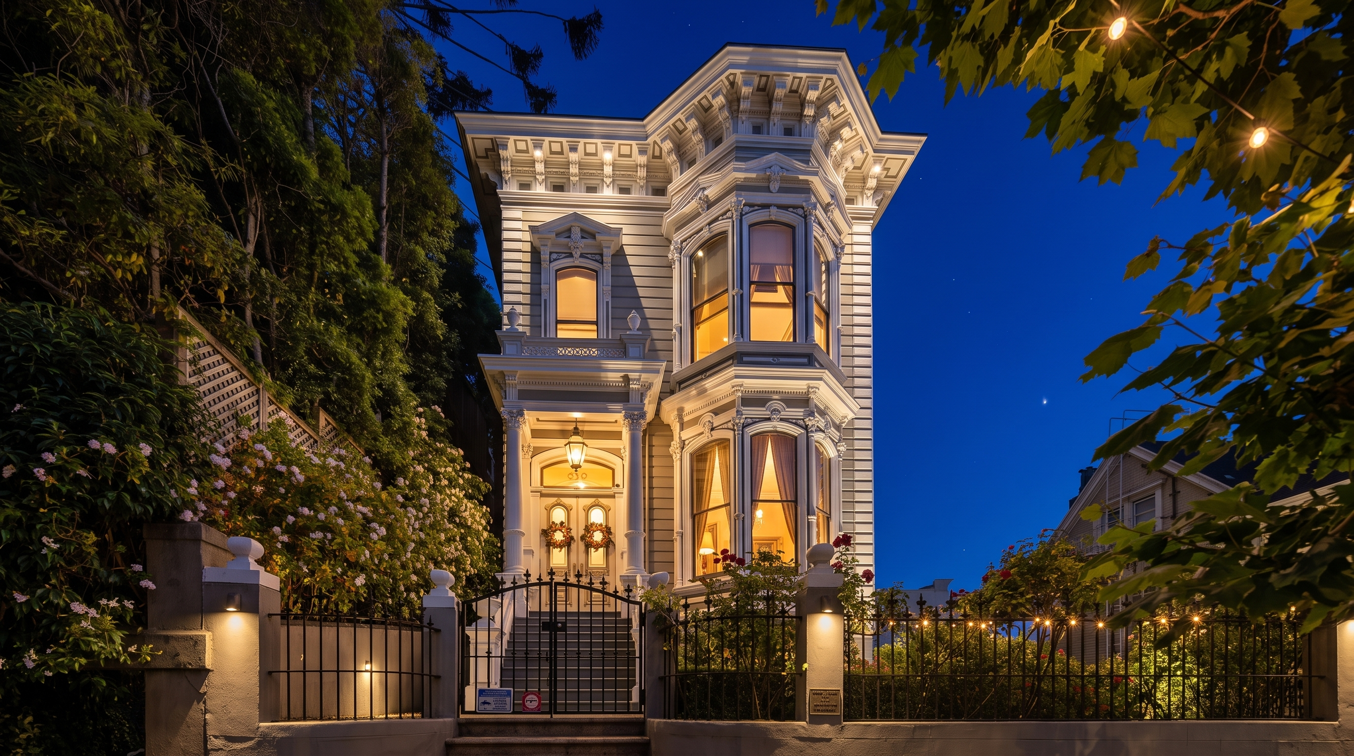 This striking Victorian-style home features intricate white architectural detailing, including ornate cornices and bay windows, set against a light gray facade. The property is elevated above the street level, accessed by a set of stone steps leading to a gated entrance with a decorative iron fence. Lush greenery and blooming flowers frame the front yard, creating a charming and historic curb appeal.