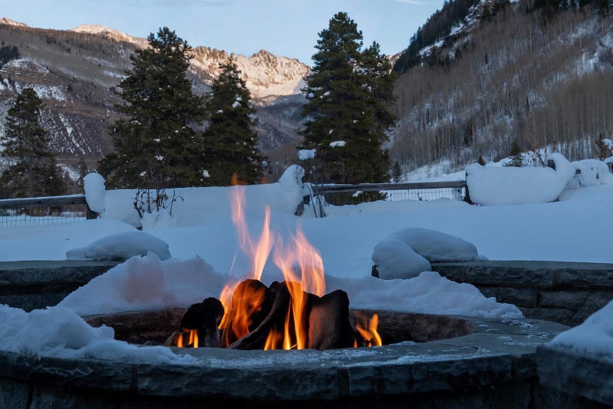 This image captures a cozy outdoor fire pit area set against a stunning, snow-covered mountain landscape. The stone-built circular fire pit is actively burning, providing a warm contrast to the surrounding deep snow and the towering evergreen trees in the background. The perspective is low and intimate, emphasizing the inviting atmosphere of the outdoor space during a winter evening.