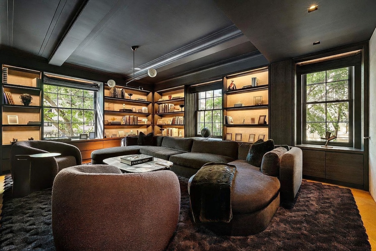 This sophisticated living room features a dark, moody color palette with built-in shelving units that span the walls, illuminated by integrated lighting. A large, plush sectional sofa and two rounded armchairs are arranged on a textured rug, creating a cozy and inviting seating area. The room is framed by multiple windows that provide natural light and views of the surrounding greenery, enhancing the elegant and refined atmosphere.