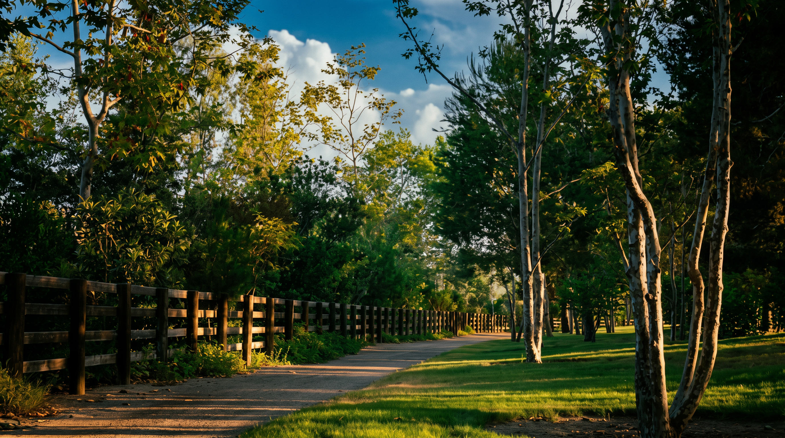 This scenic outdoor path winds through a lush, tree-lined park area, bordered by a rustic wooden post-and-rail fence. The scene is captured from a low-angle perspective, emphasizing the depth of the trail as it leads into the distance under the soft, warm glow of late afternoon sunlight. The well-maintained grass and mature trees create a peaceful, inviting atmosphere characteristic of a community walking trail or recreational space.