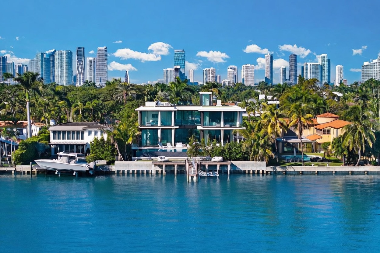 This stunning waterfront estate features a modern, multi-level architectural design with extensive glass walls that offer panoramic views of the bay and the distant city skyline. The property includes a private dock with a boat, a sleek swimming pool, and lush tropical landscaping that frames the residence. The perspective is captured from the water, highlighting the seamless integration between the luxury home and its coastal environment.