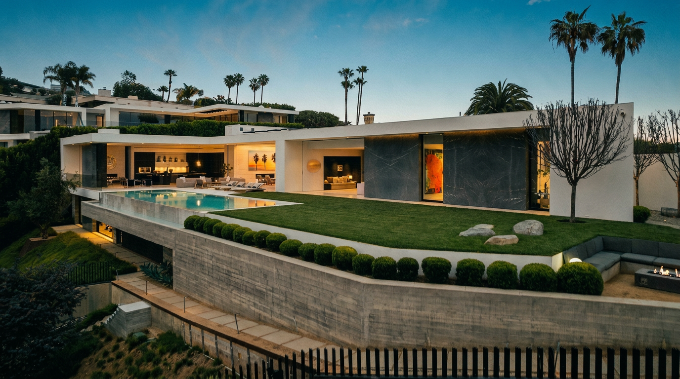 This stunning modern luxury estate features a sleek, minimalist architectural design with expansive glass walls that seamlessly blend indoor and outdoor living spaces. The property boasts a large infinity-edge pool overlooking a manicured lawn, complemented by a concrete retaining wall and a sunken fire pit area. The perspective is a wide, elevated exterior shot that captures the sophisticated, resort-like atmosphere of the residence at dusk.