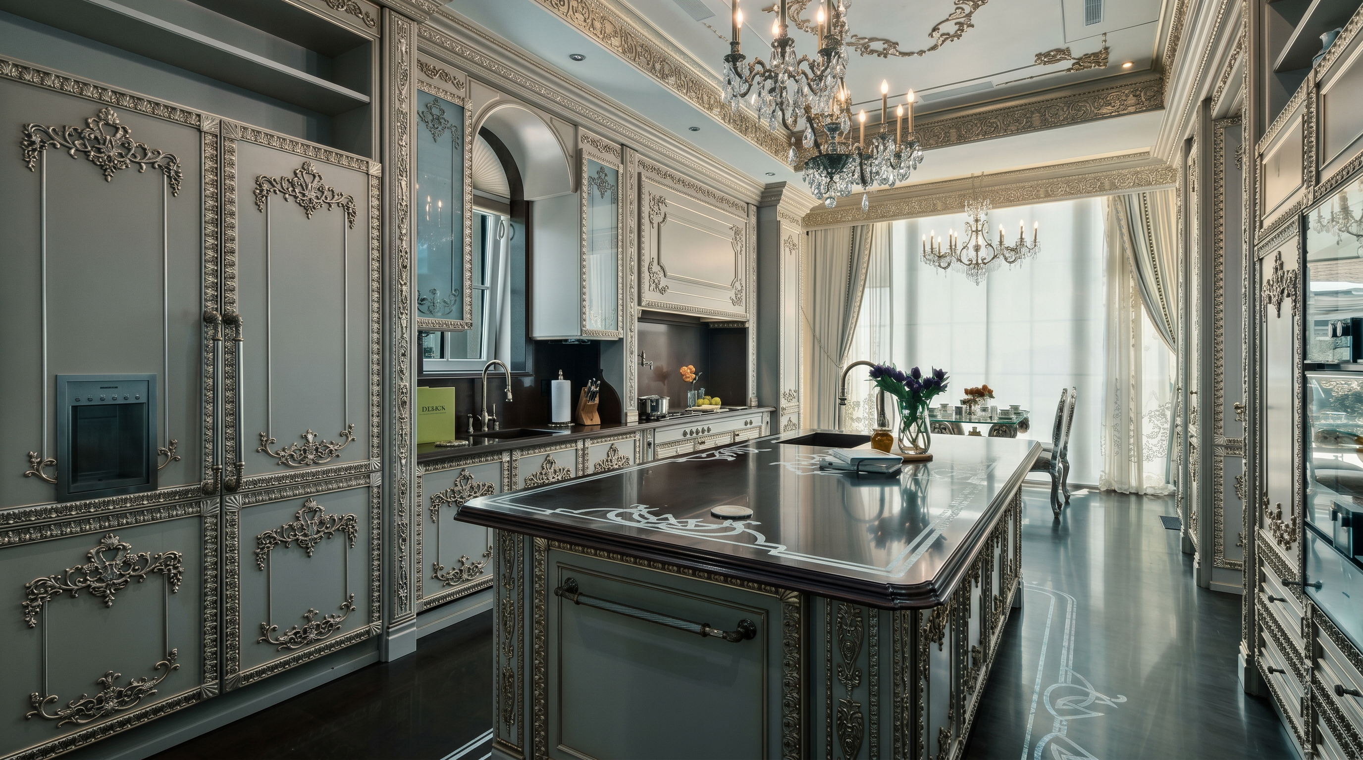 This opulent, high-end kitchen showcases an ornate, neoclassical design with intricate gold-leaf detailing on custom cabinetry and a massive, dark-toned central island. The space is illuminated by a grand crystal chandelier and features high-end integrated appliances, creating a sophisticated and luxurious atmosphere. The perspective is a wide-angle shot from the kitchen entrance, emphasizing the depth and meticulous craftsmanship of the room.