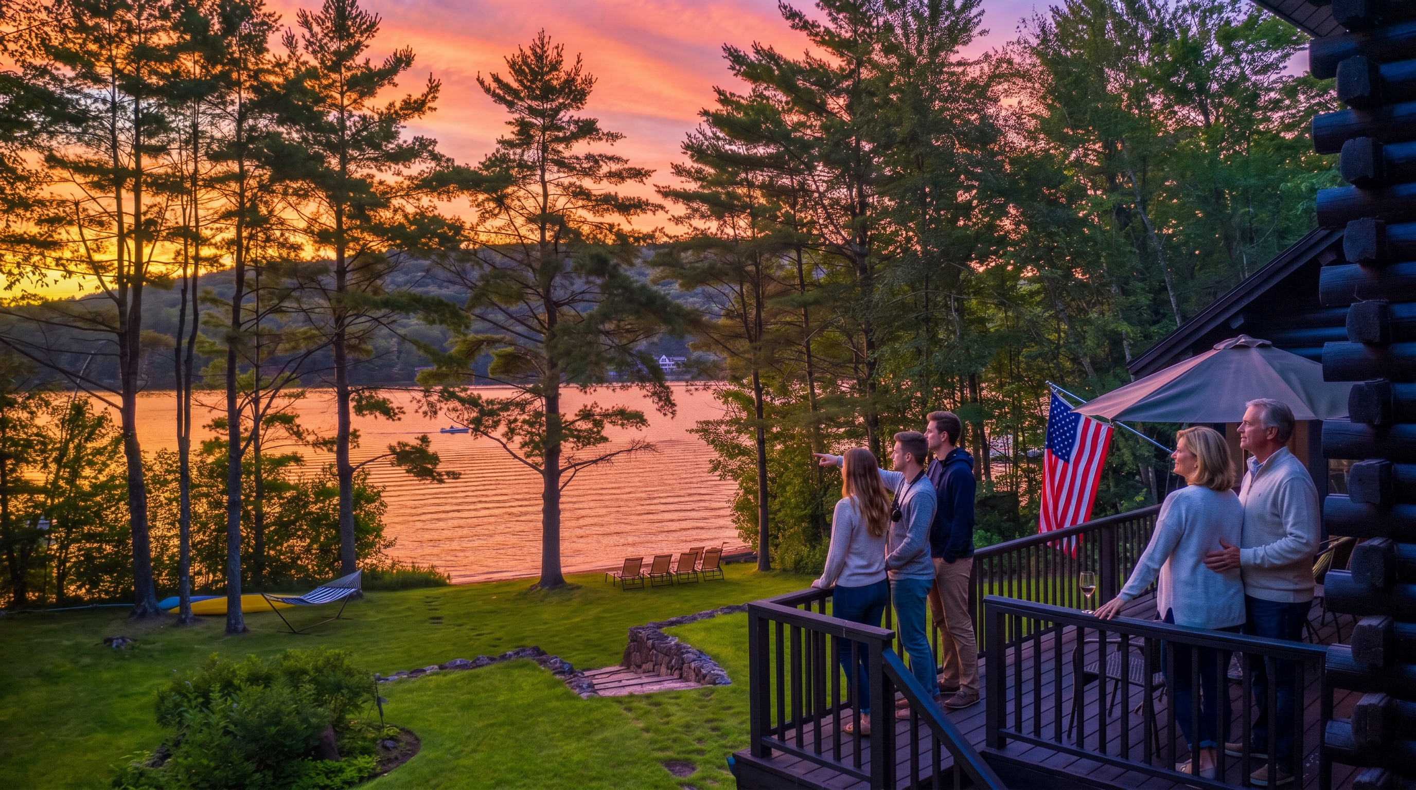This elevated perspective captures a spacious wooden deck overlooking a serene lake at sunset. The scene features a lush green lawn, a hammock, and a line of lounge chairs near the water's edge, all framed by mature trees and a vibrant, colorful sky. An American flag hangs from the deck, which is furnished with outdoor seating and a large umbrella, creating an inviting and peaceful atmosphere.