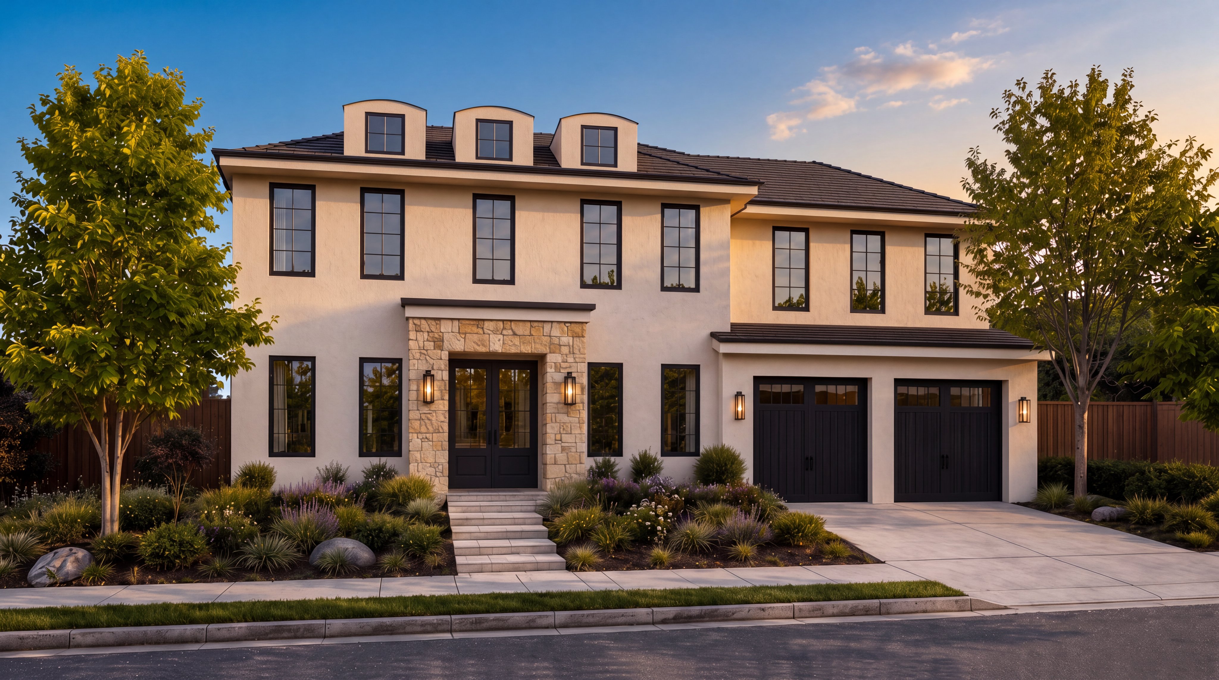 This stunning two-story custom home features a contemporary transitional aesthetic with light-colored stucco siding accented by a textured stone entry facade. The symmetrical architecture includes large black-framed windows, three arched dormers, and a double garage with matching dark carriage-style doors. A beautifully landscaped front garden and a modern stone walkway enhance the home's impressive and inviting curb appeal.