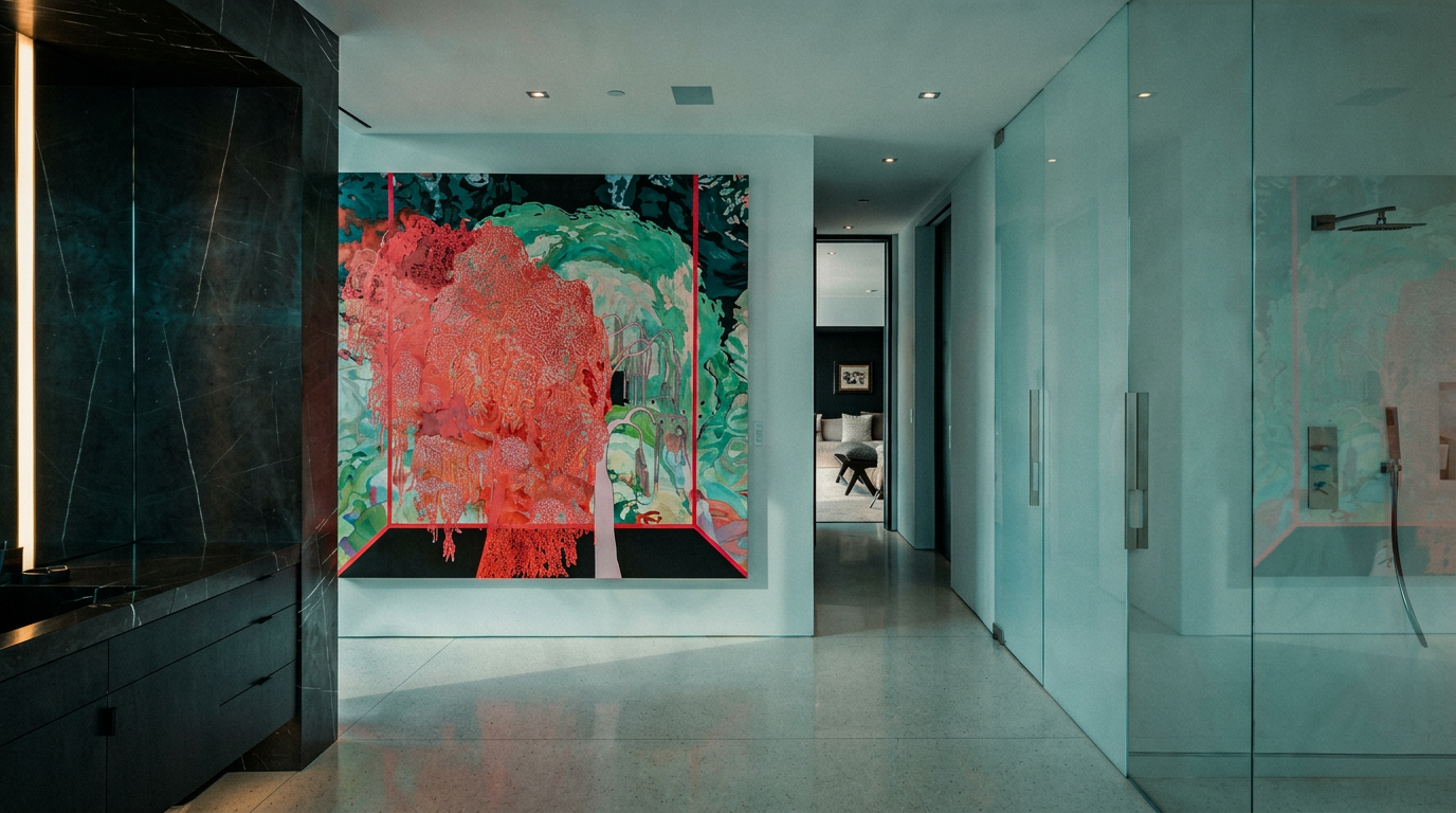 This luxurious, modern primary bathroom features a sleek dark marble vanity on the left and a large, minimalist glass-enclosed shower on the right. A striking, vibrant abstract painting serves as a bold focal point at the end of the hallway, which leads into a bedroom beyond. The space is characterized by clean lines, high-end finishes, and a bright, gallery-like atmosphere.