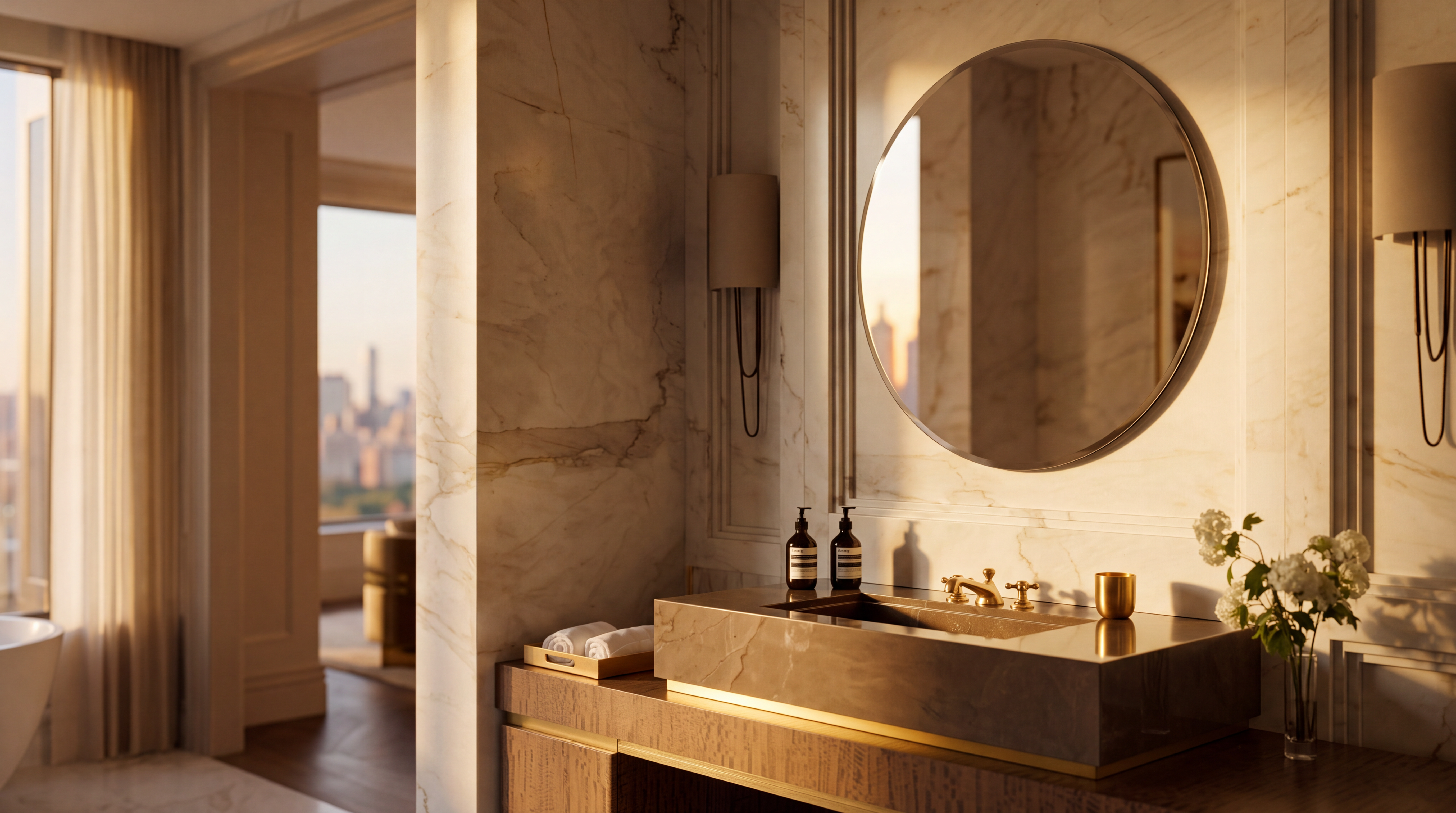 This elegant bathroom features a custom-built vanity with a deep, integrated stone sink and gold-toned hardware. A large, circular mirror is mounted against a wall clad in light-toned, veined stone, complemented by a sleek, minimalist wall sconce. The vanity base is crafted from textured wood, creating a sophisticated and luxurious atmosphere.