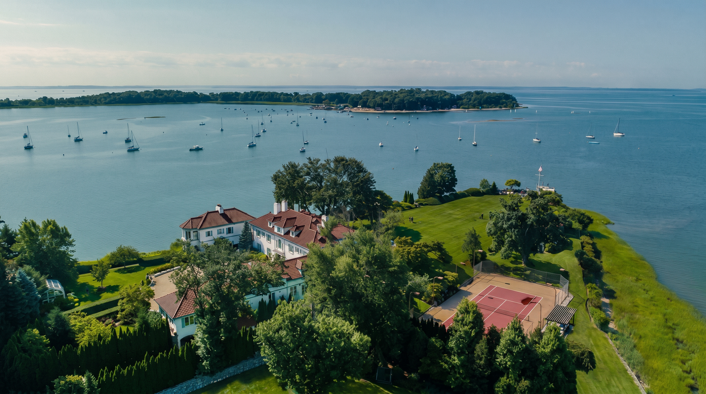 This stunning aerial view captures a sprawling waterfront estate situated on a lush, grassy peninsula extending into a calm bay filled with sailboats. The property features a large, multi-winged residence with a red-tiled roof, a private tennis court, and expansive manicured lawns that slope gently toward the water's edge. The cinematic perspective highlights the serene coastal setting, emphasizing the property's privacy and direct access to the harbor.