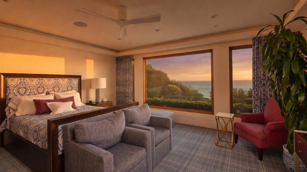 This primary bedroom features a sophisticated coastal aesthetic with a patterned blue and white headboard and matching curtains. Two plush gray armchairs are positioned at the foot of the bed, facing large windows that provide a panoramic view of the ocean and lush greenery. A vibrant red armchair and a tall potted plant add a pop of color to the corner, creating a serene and luxurious retreat.