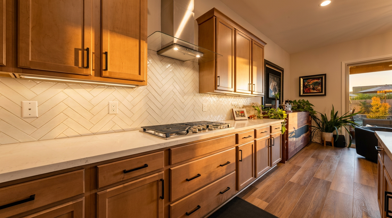 This modern kitchen features warm-toned wood cabinetry paired with light-colored countertops and a white herringbone-patterned backsplash. A stainless steel gas cooktop is integrated into the counter, complemented by a sleek, wall-mounted range hood above. The space is finished with wood-look flooring and includes a decorative console table with greenery, creating a welcoming and functional culinary environment.