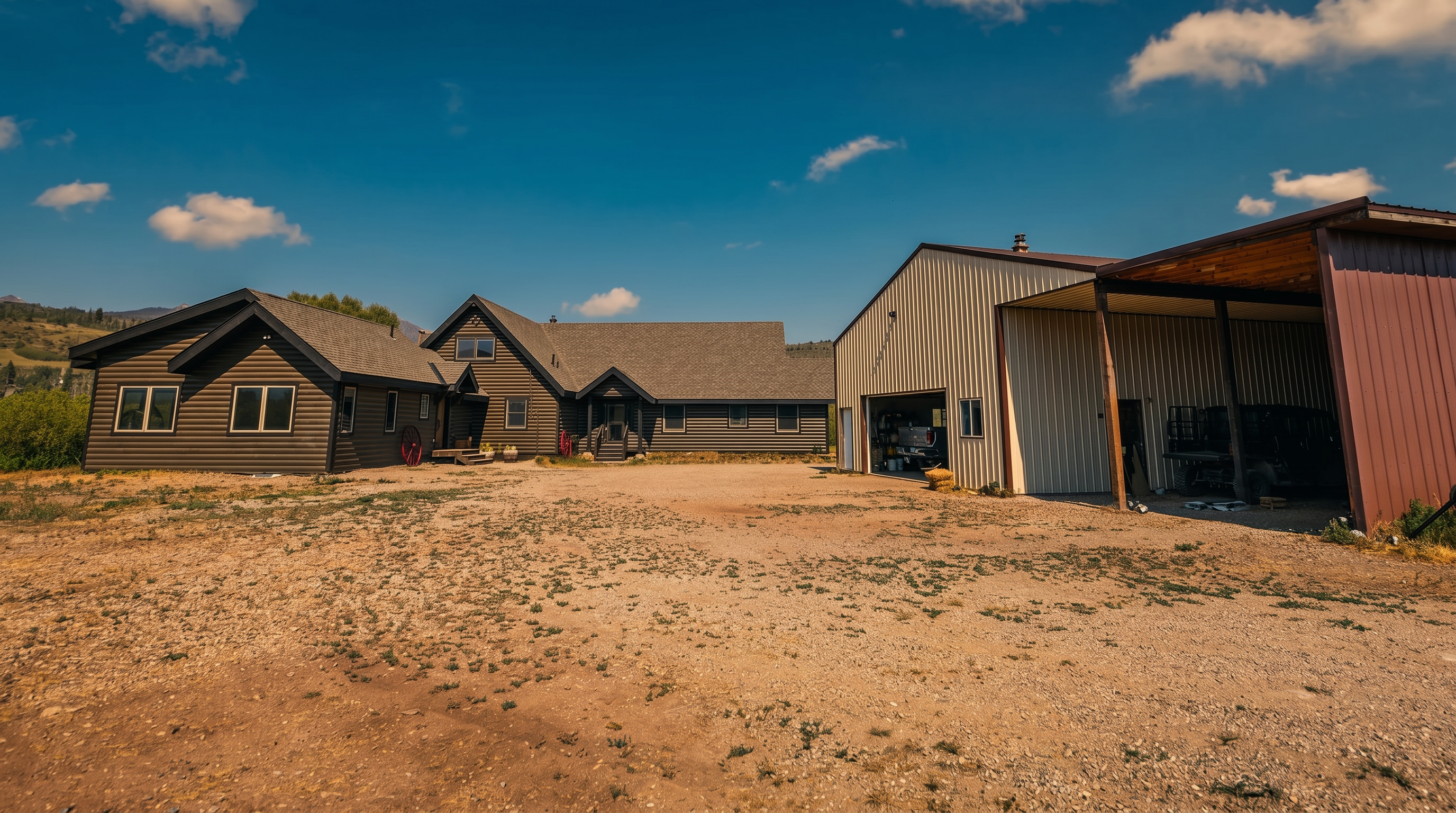 This wide-angle shot captures a rustic-style residential property featuring a dark-toned log-sided home connected to a large, light-colored metal workshop and carport. The expansive gravel driveway provides ample space, leading up to the main residence which is set against a backdrop of rolling hills and a clear blue sky. The scene conveys a sense of rural tranquility and functional living space, ideal for those seeking a property with significant outdoor utility.
