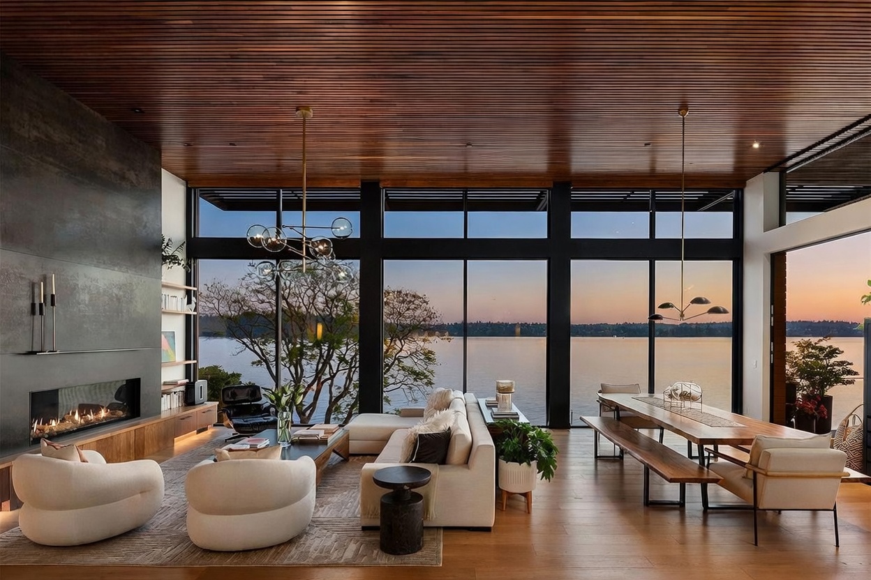 This expansive open-concept living and dining area features a striking wood-slat ceiling and large windows that frame a panoramic sunset view over the water. The space is anchored by a modern fireplace with a dark, textured surround and is furnished with plush, contemporary seating and a long wooden dining table. The warm wood flooring and natural light create a sophisticated, serene atmosphere perfect for luxury waterfront living.