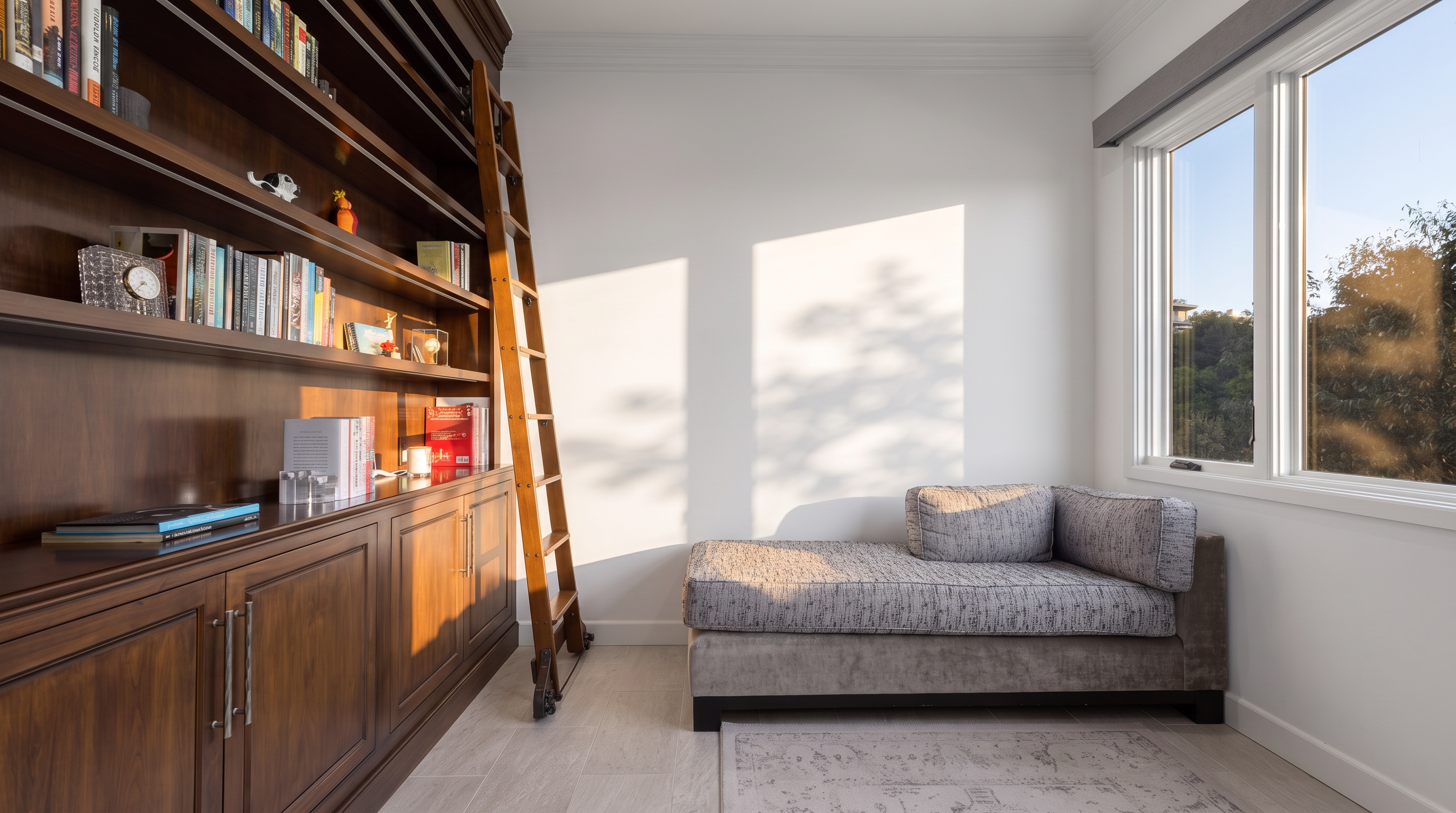 This cozy study features a large, dark wood built-in bookshelf with an integrated rolling library ladder, providing ample storage and a classic aesthetic. A comfortable grey upholstered chaise lounge is positioned near a large window that allows for natural light and views of the surrounding greenery. The room is finished with neutral-toned tile flooring and a patterned area rug, creating a quiet and inviting atmosphere.