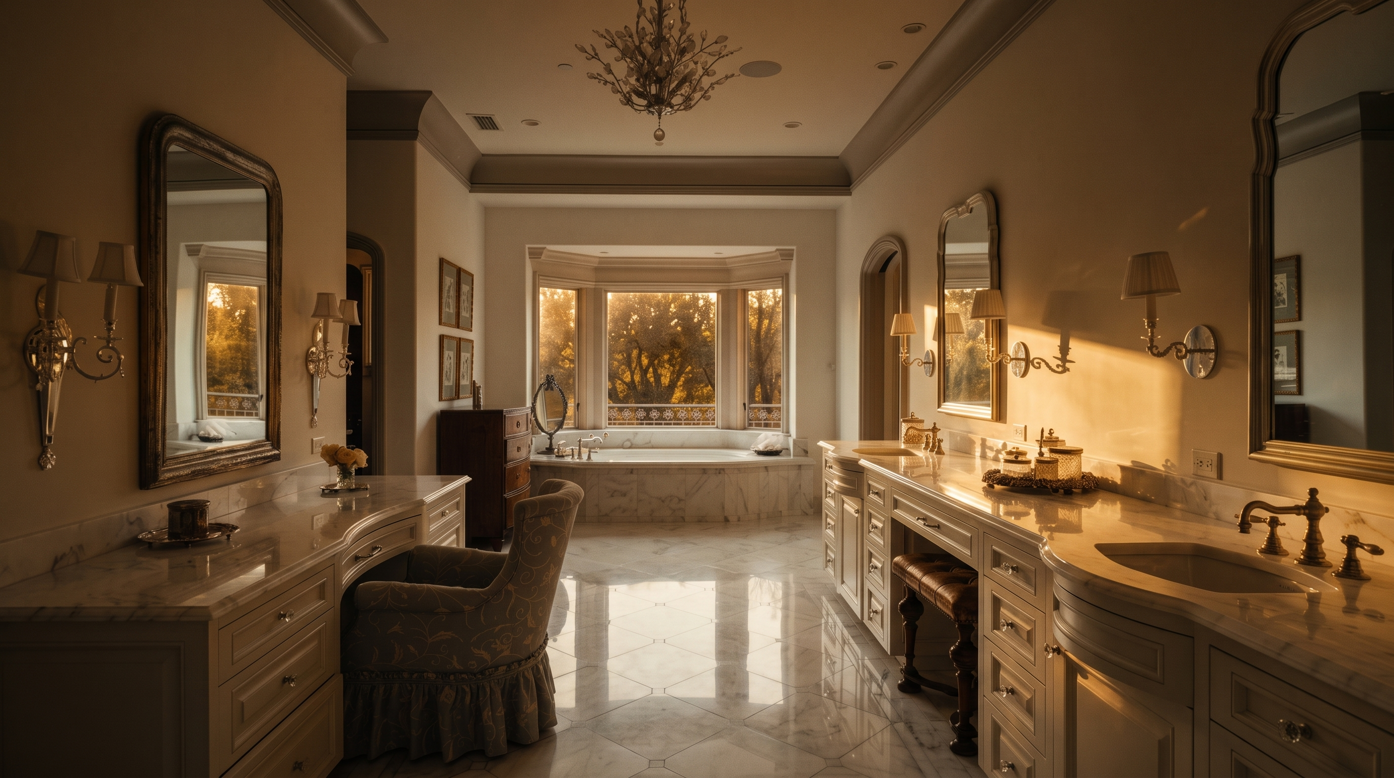 This elegant primary bathroom features dual vanities with light-toned cabinetry and stone countertops, complemented by ornate mirrors and wall-mounted sconces. A central chandelier hangs above the open floor space, leading toward a deep soaking tub positioned within a large bay window area. The room is finished with light-colored stone flooring and a sophisticated, symmetrical layout that creates a bright and luxurious atmosphere.