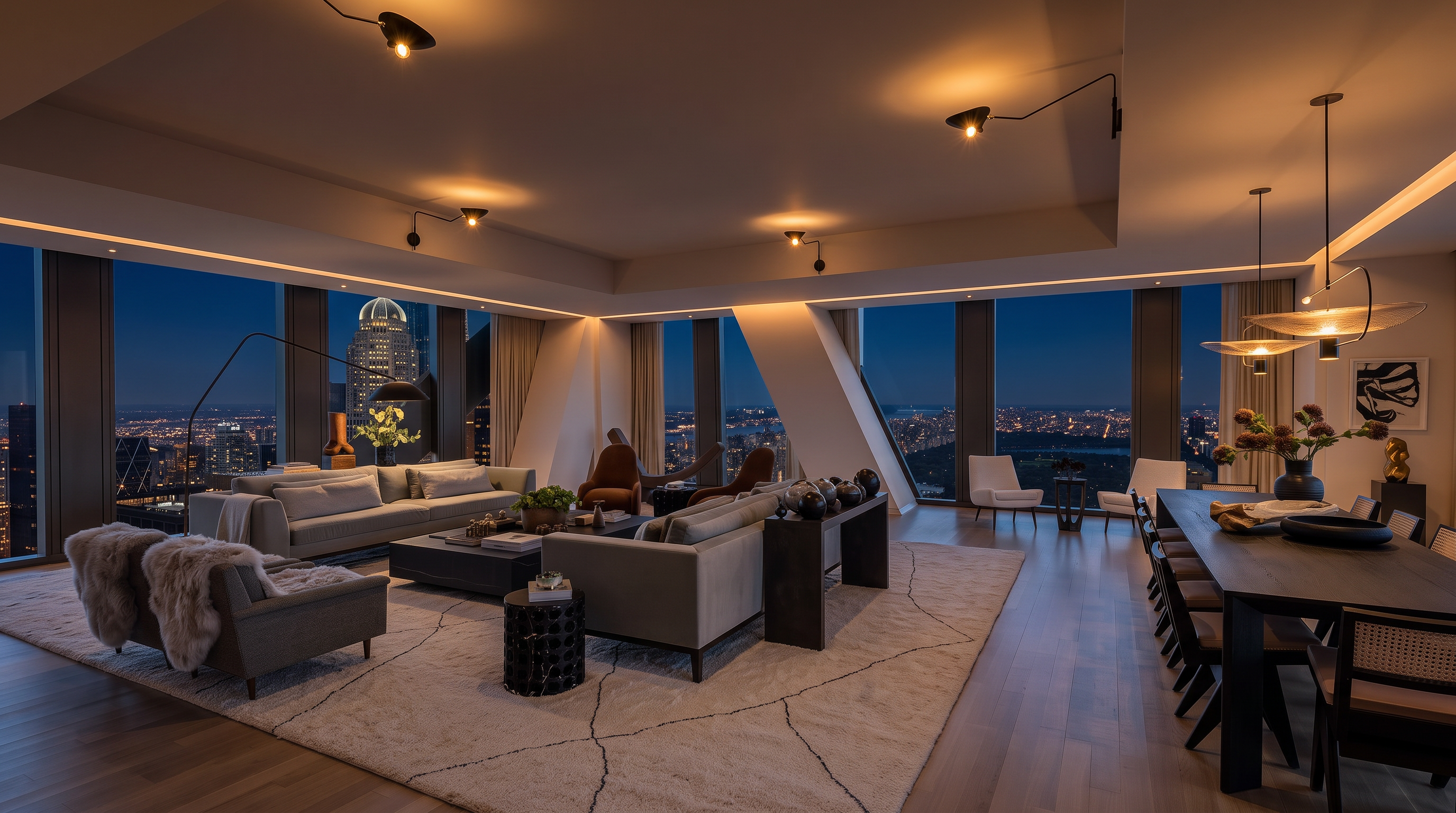 This luxurious, high-rise living and dining space epitomizes modern sophistication with its floor-to-ceiling windows offering expansive city skyline views. The open-concept floor plan features refined neutral-toned furnishings, including a sprawling sectional and an elegant dining table, complemented by an oversized textured rug and minimalist contemporary lighting. The seamless blend of high-end materials and the dramatic panoramic backdrop creates an atmosphere of exclusive urban elegance.