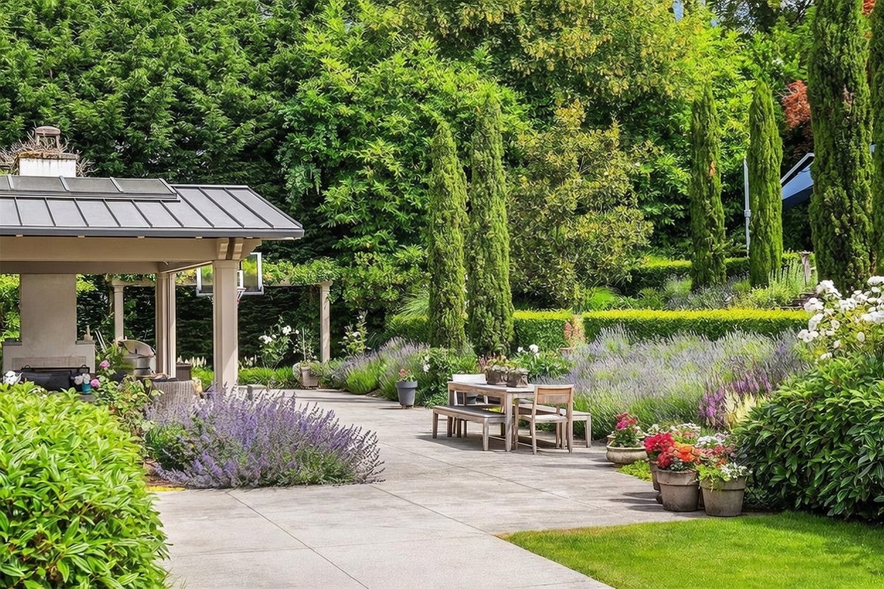 This serene outdoor living space features a covered patio area with a stone fireplace, perfect for alfresco dining and relaxation. The expansive concrete terrace is surrounded by lush, manicured landscaping, including vibrant lavender beds, tall cypress trees, and a neatly trimmed hedge. The scene captures a peaceful, high-end garden setting with a dining table set for outdoor meals, offering a cinematic view of a well-maintained backyard.