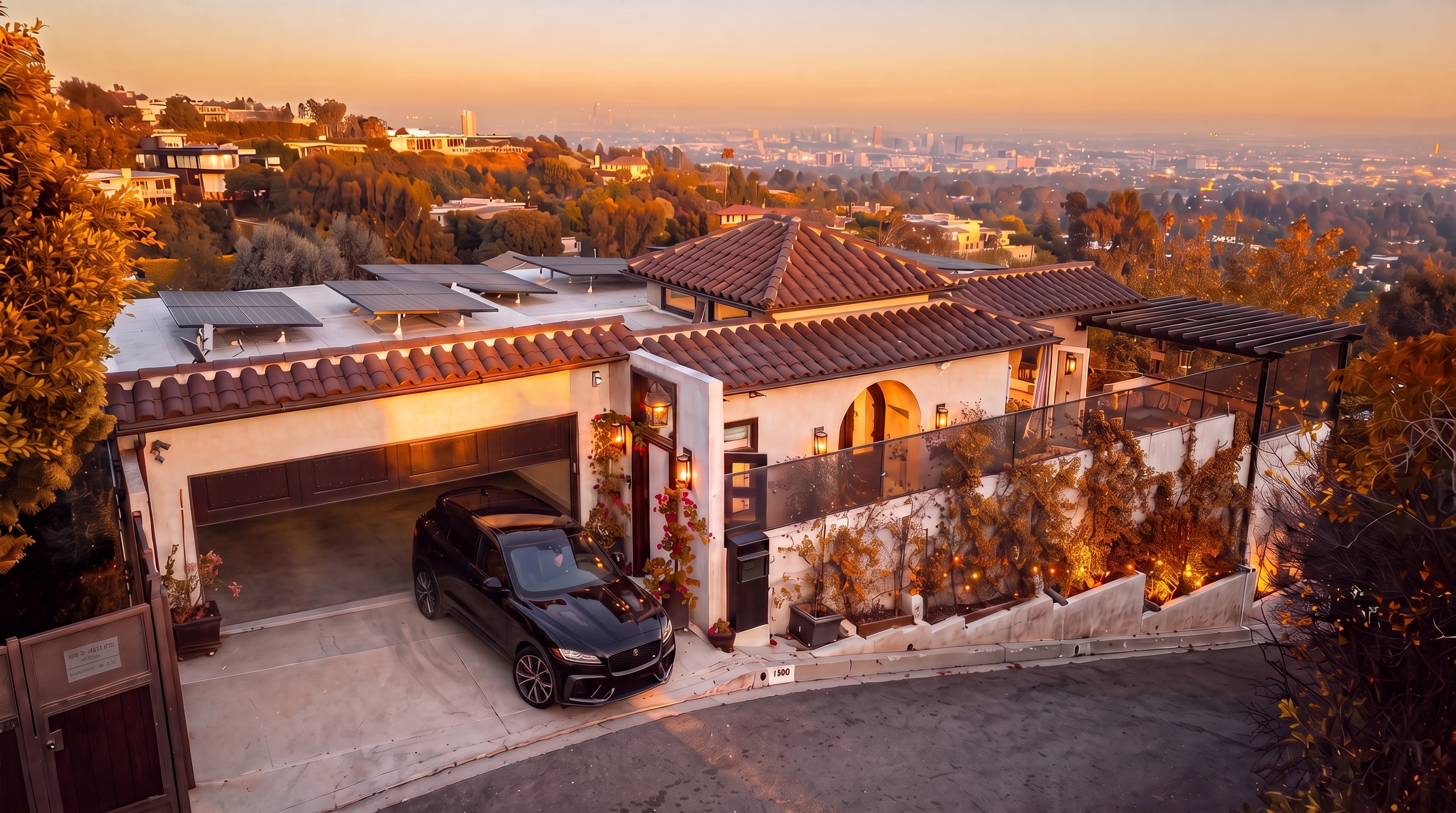 This stunning contemporary Mediterranean-style residence is captured from an elevated perspective, showcasing its beautiful architecture at sunset. The property features a spacious garage with a sleek black SUV, integrated solar panels on the roof, and an expansive balcony with glass railings that frame a breathtaking panoramic view of the city skyline. Lush landscaping and warm ambient lighting enhance the elegant, inviting atmosphere of this luxury hillside home.