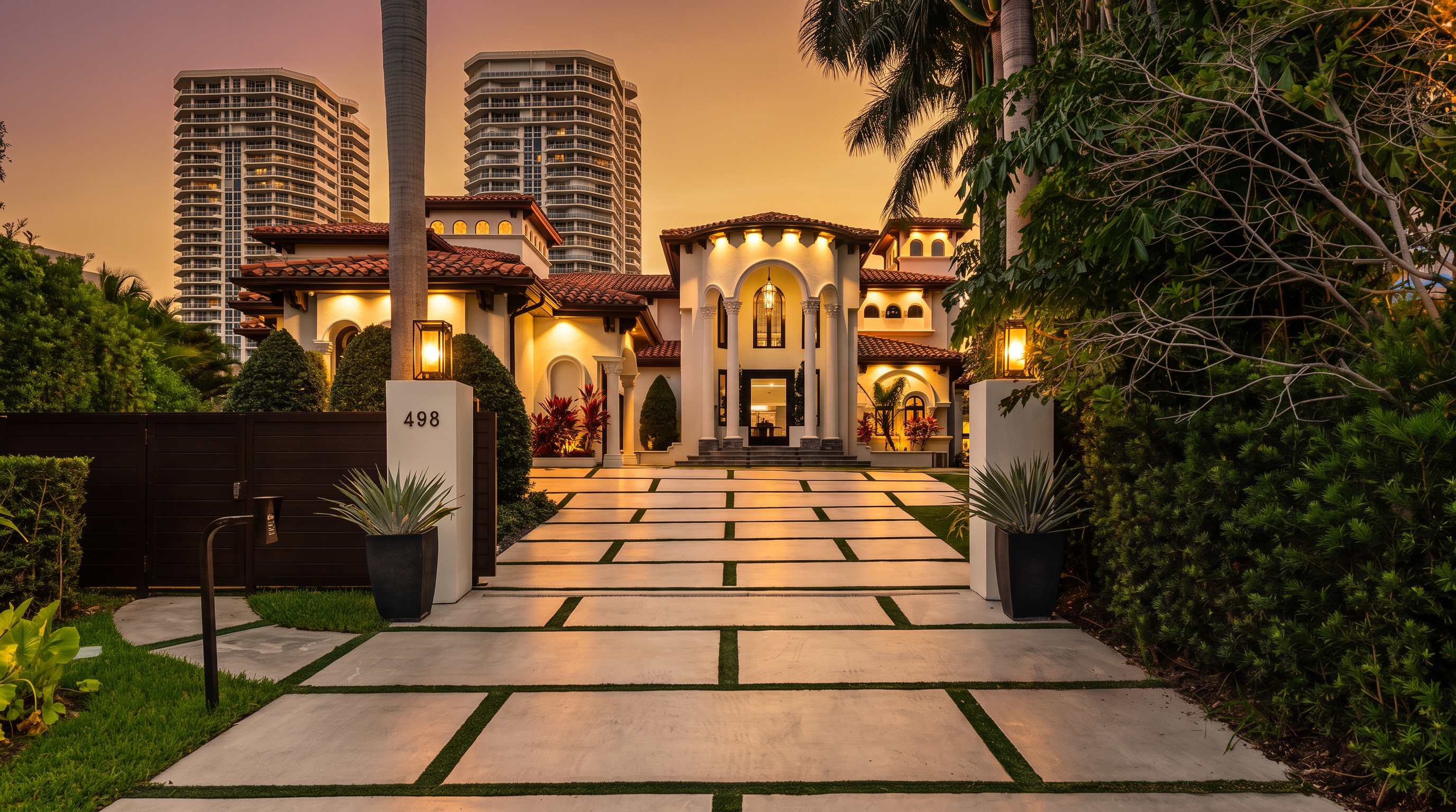 This grand Mediterranean-style estate features a symmetrical facade with a prominent arched entryway and a tiled roof. A wide, paved driveway with integrated grass strips leads directly to the front entrance, flanked by two large planters and illuminated by warm exterior lighting. The property is framed by lush tropical landscaping and tall palm trees, with high-rise buildings visible in the background under a twilight sky.