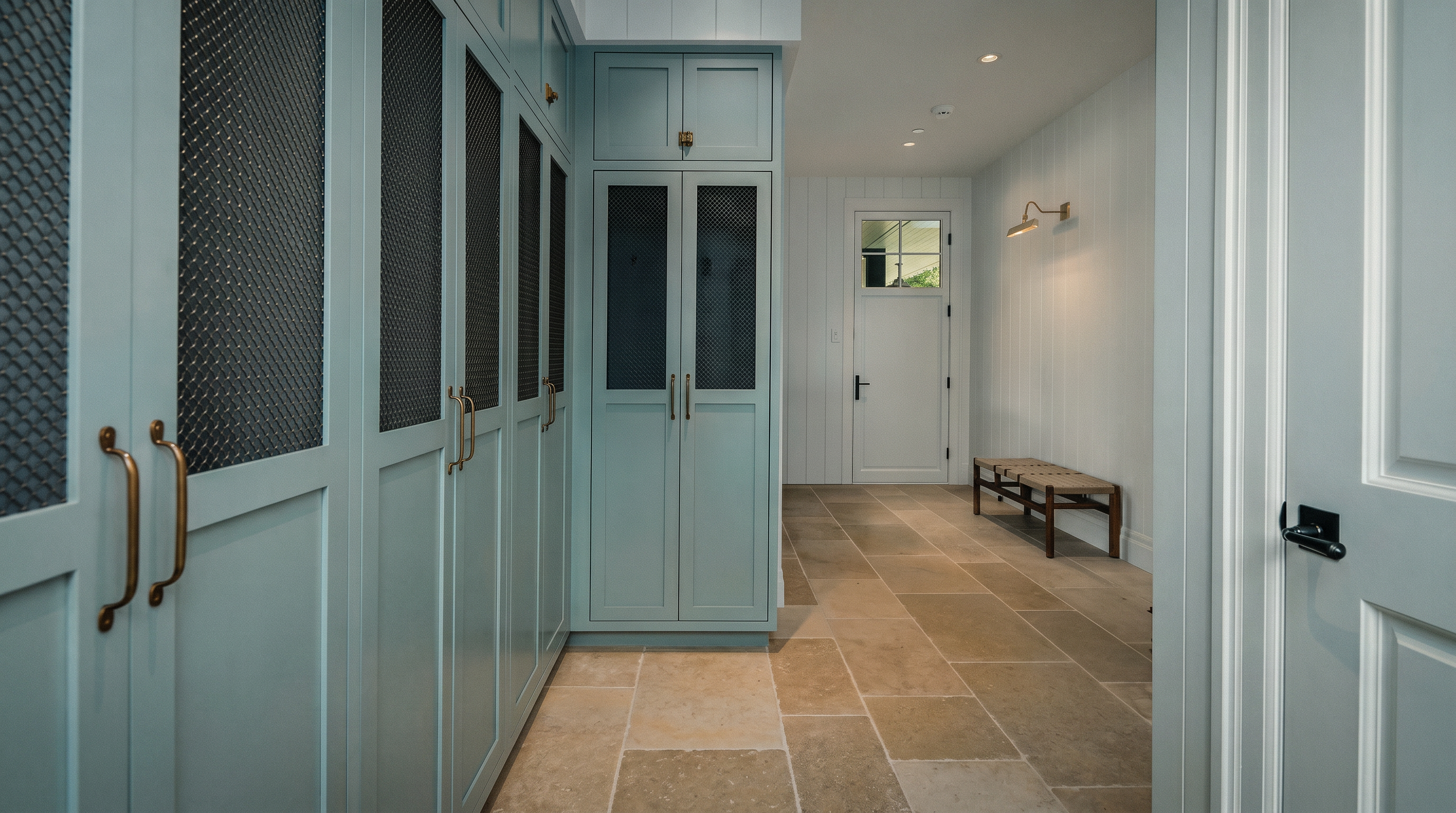This bright and airy mudroom or hallway features custom light blue cabinetry with metal mesh door inserts and brass hardware. The space is finished with large, light-toned stone floor tiles and white vertical wall paneling, leading toward a white door with a glass pane. A simple wooden bench sits against the wall, creating a clean, functional, and inviting transition space.