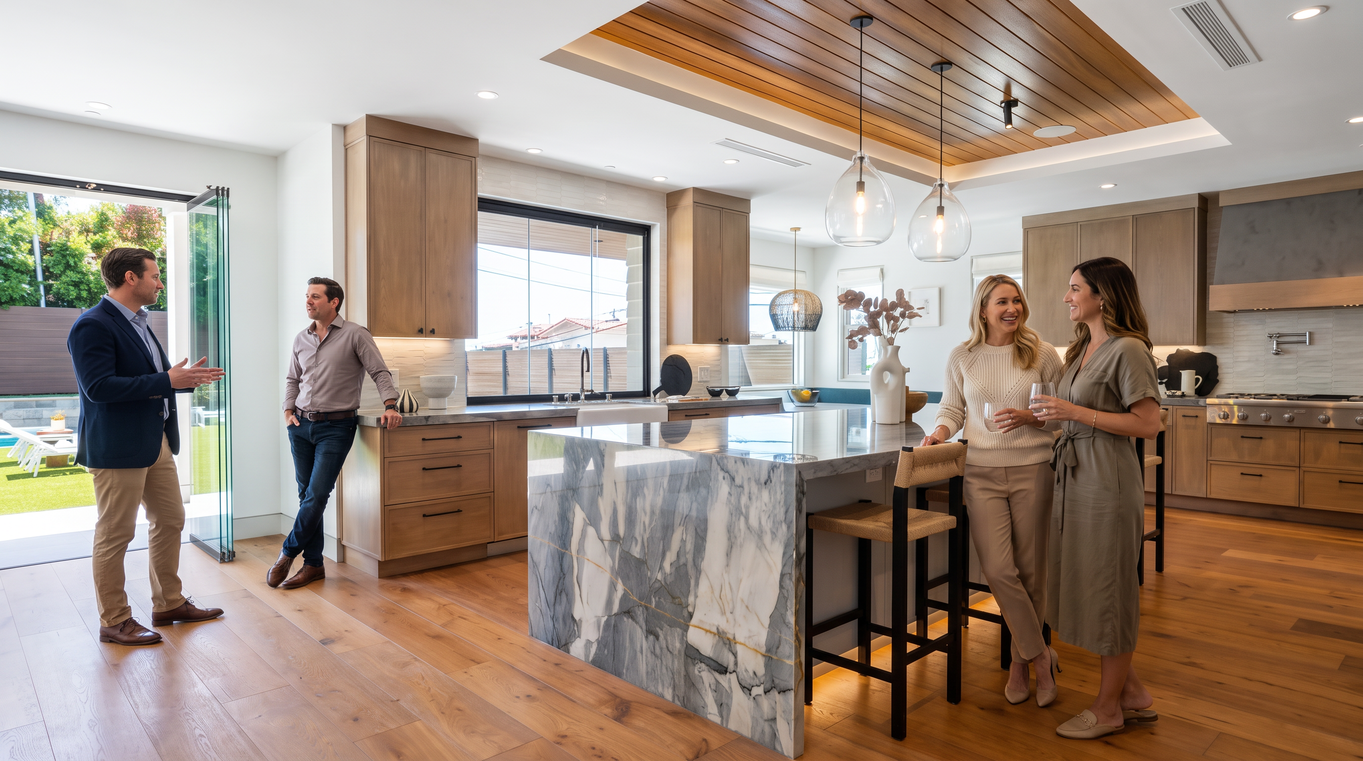 This stunning contemporary kitchen features light oak cabinetry and a striking marble waterfall island that serves as the room's centerpiece. The space is enhanced by a warm wood-paneled ceiling, modern pendant lighting, and seamless indoor-outdoor flow via floor-to-ceiling glass sliding doors. It is a highly sophisticated area perfect for both culinary activities and social gatherings.