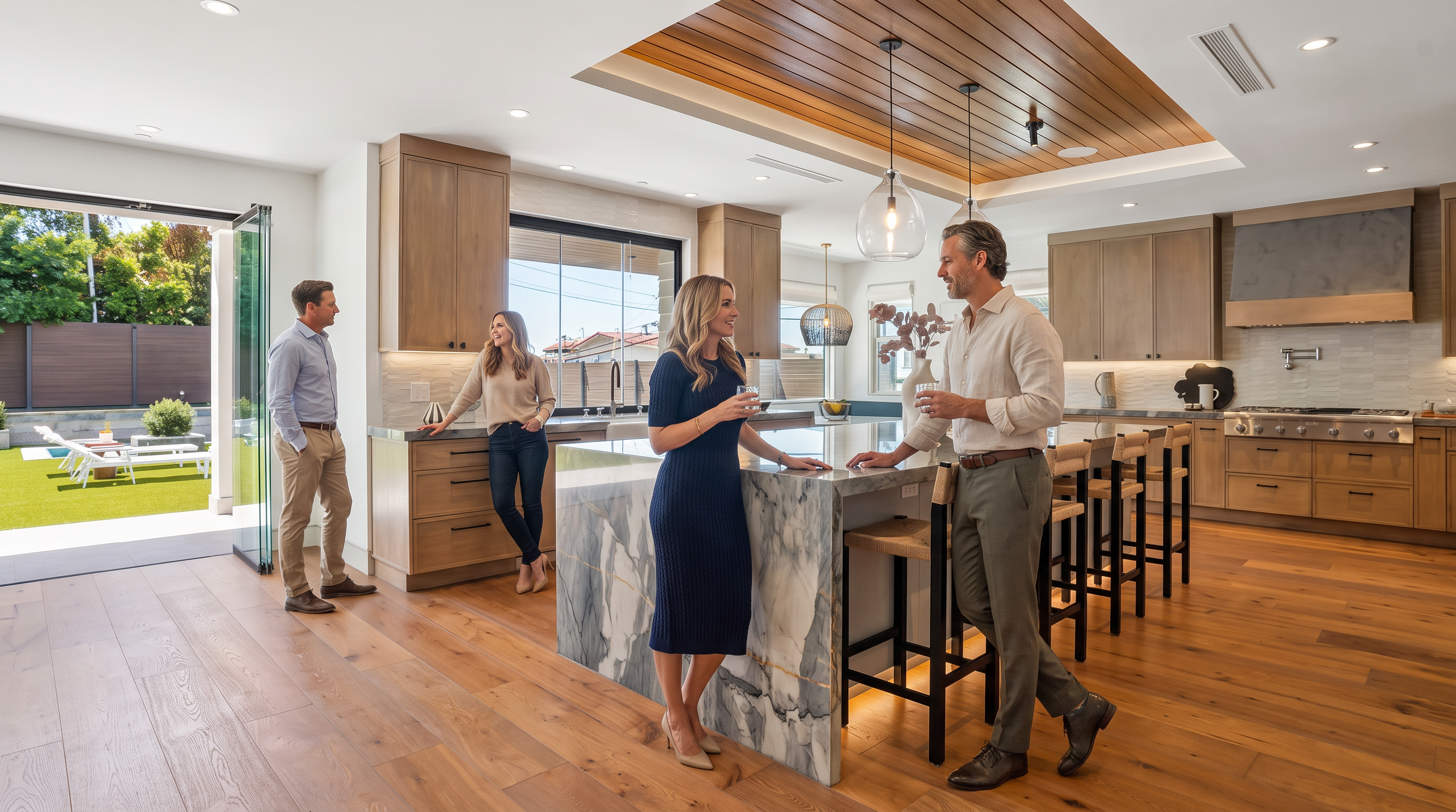 This stunning contemporary kitchen features light wood cabinetry, a striking marble waterfall island, and a sophisticated coffered ceiling with integrated wood paneling and pendant lighting. The open-concept design seamlessly connects to an outdoor living space through large glass panel doors, enhancing the airy, luxurious feel of the home. High-end finishes, such as a professional-grade range and warm hardwood floors, contribute to the inviting and upscale atmosphere perfect for social gatherings.