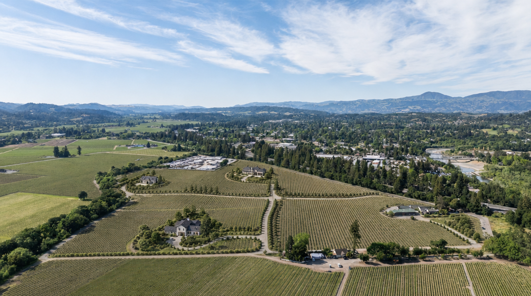 This stunning aerial view captures a sprawling vineyard estate set against a picturesque valley and mountain backdrop. The property features multiple luxury homes nestled amongst neatly manicured grapevines, paved driveways, and lush tree-lined paths. The landscape exudes a sense of prestige, privacy, and serene country living, characteristic of high-end viticultural real estate.