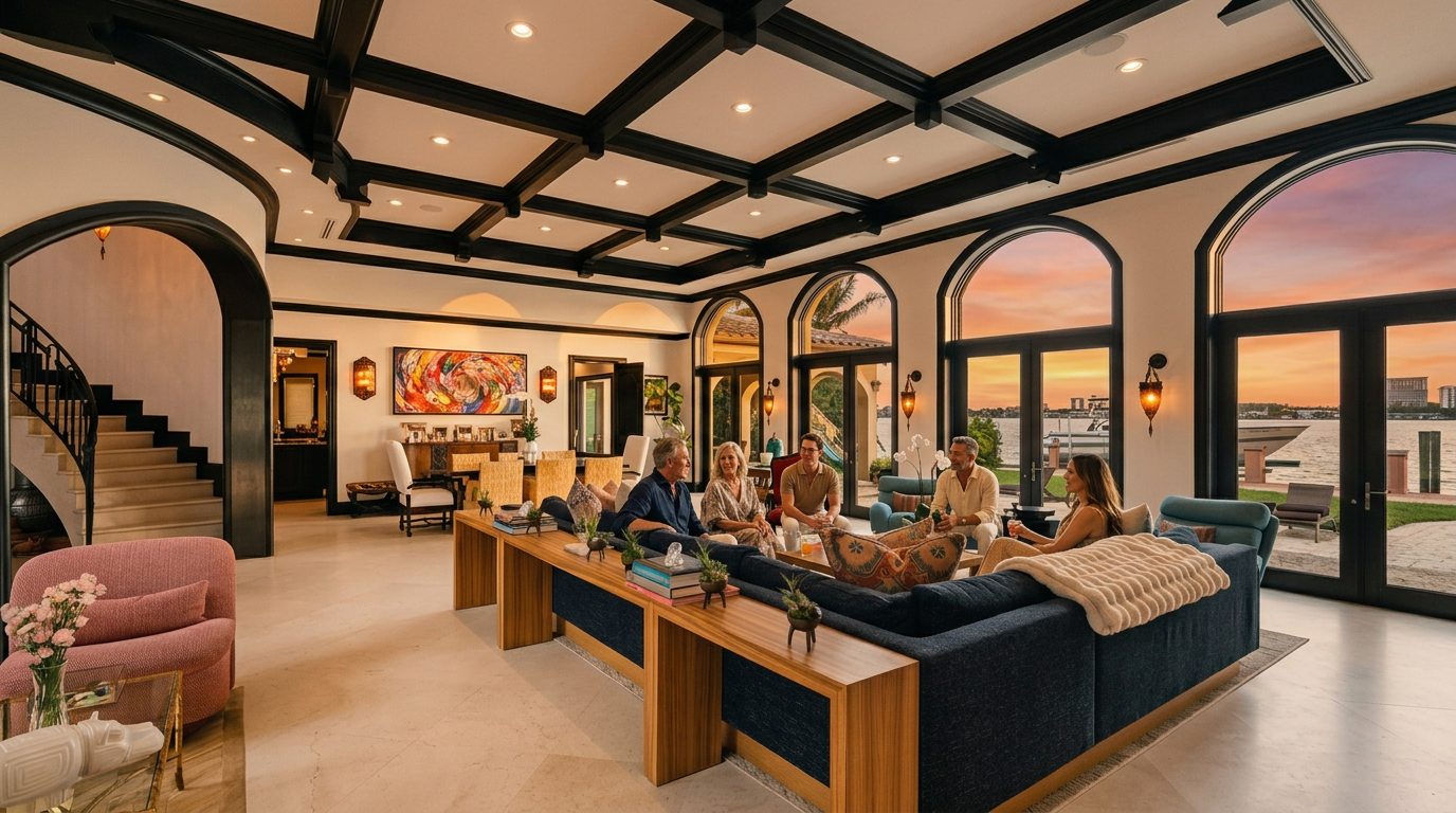 This expansive living room features a striking coffered ceiling with dark beams that contrast against the white walls and light stone flooring. The space is anchored by a large, dark-toned sectional sofa positioned behind a long wooden console table, with multiple seating areas and large arched windows providing panoramic views of the water. The room exudes a sophisticated, open-concept atmosphere, blending classic architectural details with modern furniture and vibrant artwork.