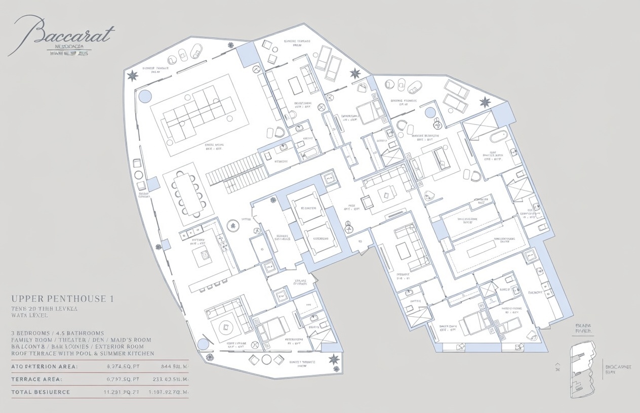 This image displays a detailed architectural floor plan for an upper penthouse residence, showcasing a complex, multi-room layout. The schematic includes designated areas for a family room, theater, den, maid's room, and various bedrooms, all arranged around a central core. The drawing provides a top-down perspective, clearly outlining the spatial relationships between the living quarters, terrace areas, and structural elements.