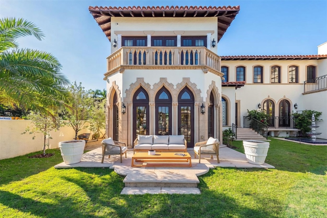 This Mediterranean-style estate features a prominent rear facade with intricate arched glass doors and a second-story balcony with decorative stone balustrades. A stone-paved patio area is furnished with a modern outdoor sofa and coffee table, overlooking a manicured lawn and a tiered fountain. The perspective is a straight-on eye-level shot, capturing the architectural symmetry and the lush, sunny backyard setting.