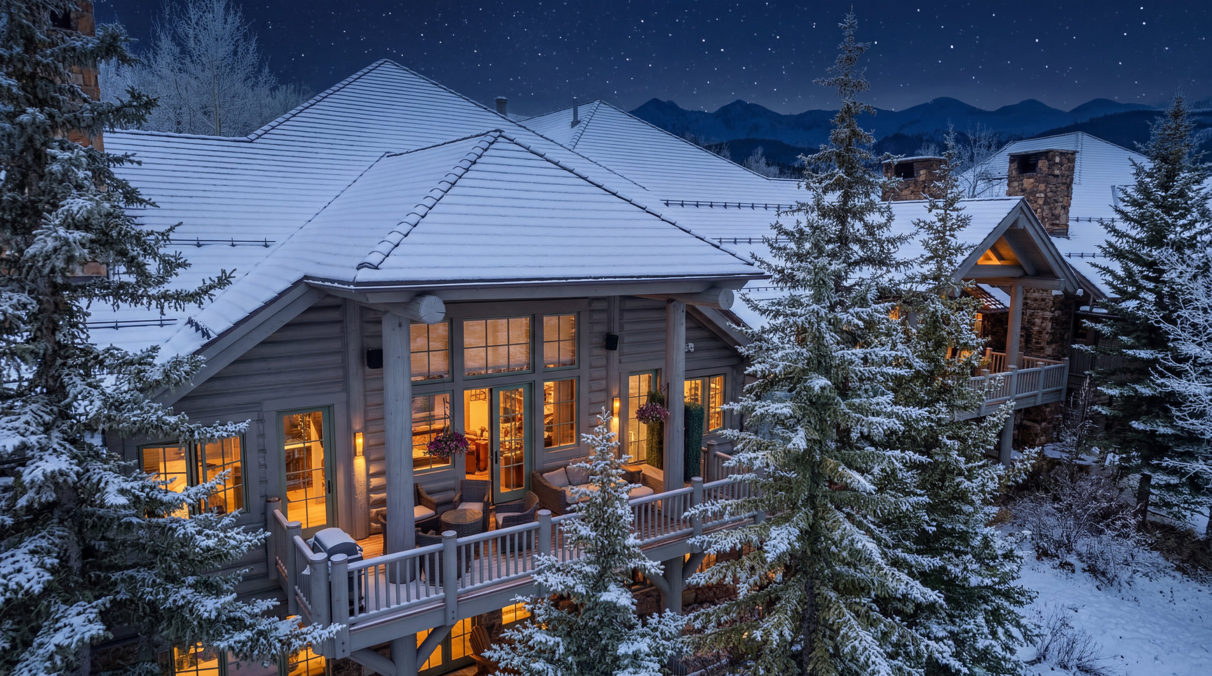 This elevated rear view showcases a high-end, rustic mountain lodge blanketed in fresh snow under a starry night sky. The home features extensive log construction, a spacious deck with warm ambient lighting, and large windows that offer a cozy glimpse into the interior living spaces. Surrounded by snow-dusted pine trees, the residence blends architectural elegance with a serene, wintry mountain setting.
