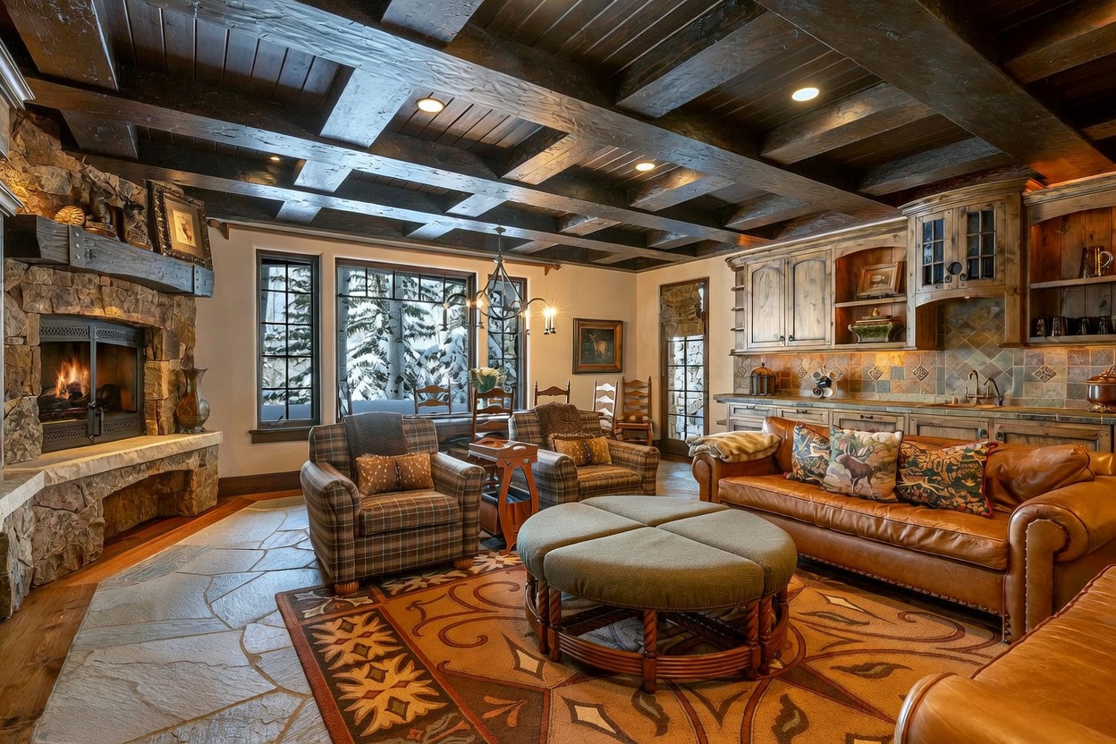 This rustic living room features a prominent stone-clad chimney breast with a burning fire, set against a backdrop of dark, exposed ceiling beams. A leather sofa and plaid armchairs are arranged around a large, round ottoman on a patterned area rug, creating a cozy seating area. Large windows offer a view of a snowy landscape, while a built-in wet bar with wooden cabinetry and tiled backsplash completes the space.