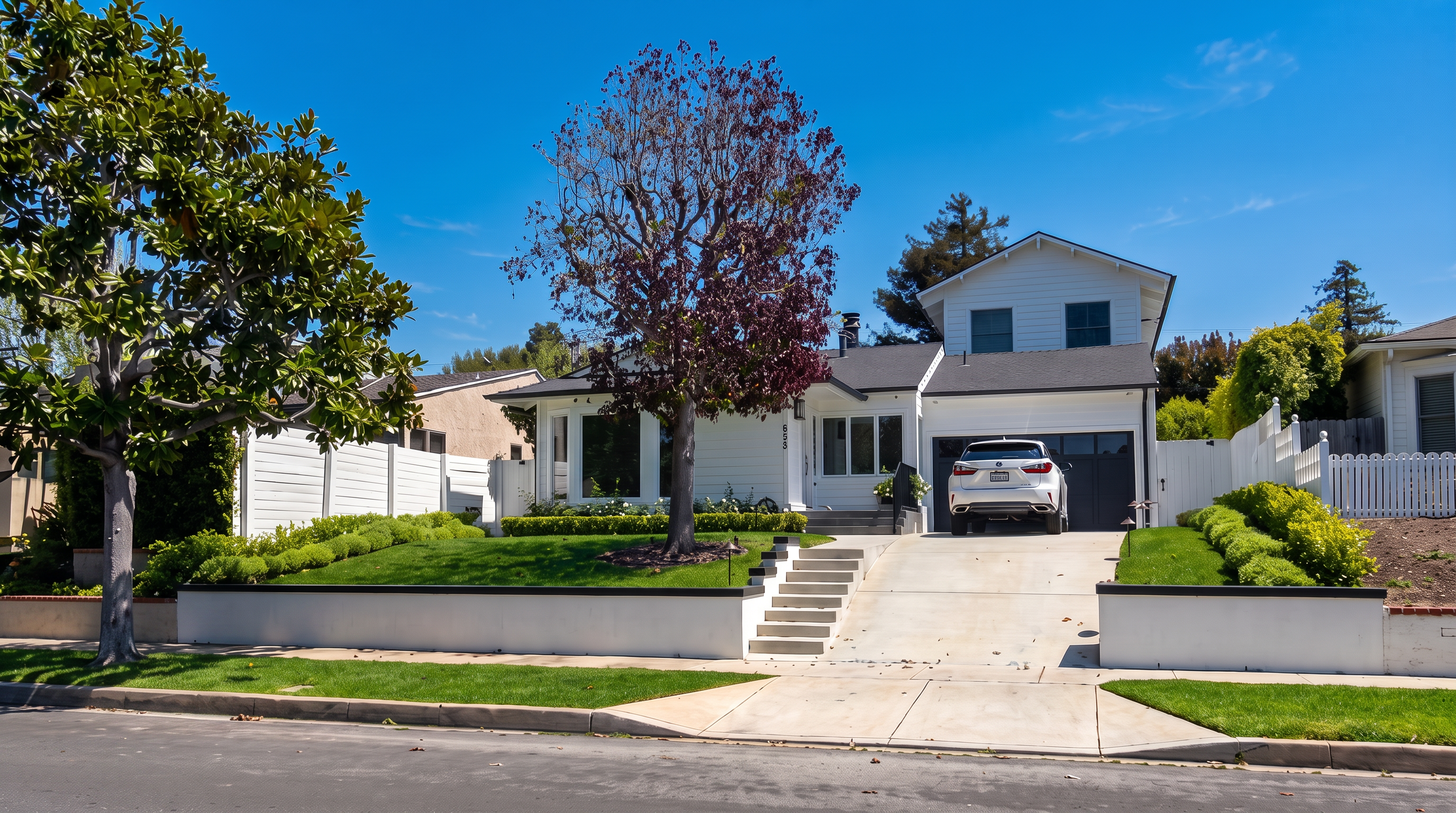 This charming single-family home features a clean, white exterior with modern dark accents and a well-manicured lawn. The property includes a raised front yard with a retaining wall, a paved driveway leading to a garage, and a set of concrete steps up to the main entryway. Its symmetrical design and elevated positioning create a bright, appealing curb appeal in a peaceful neighborhood setting.
