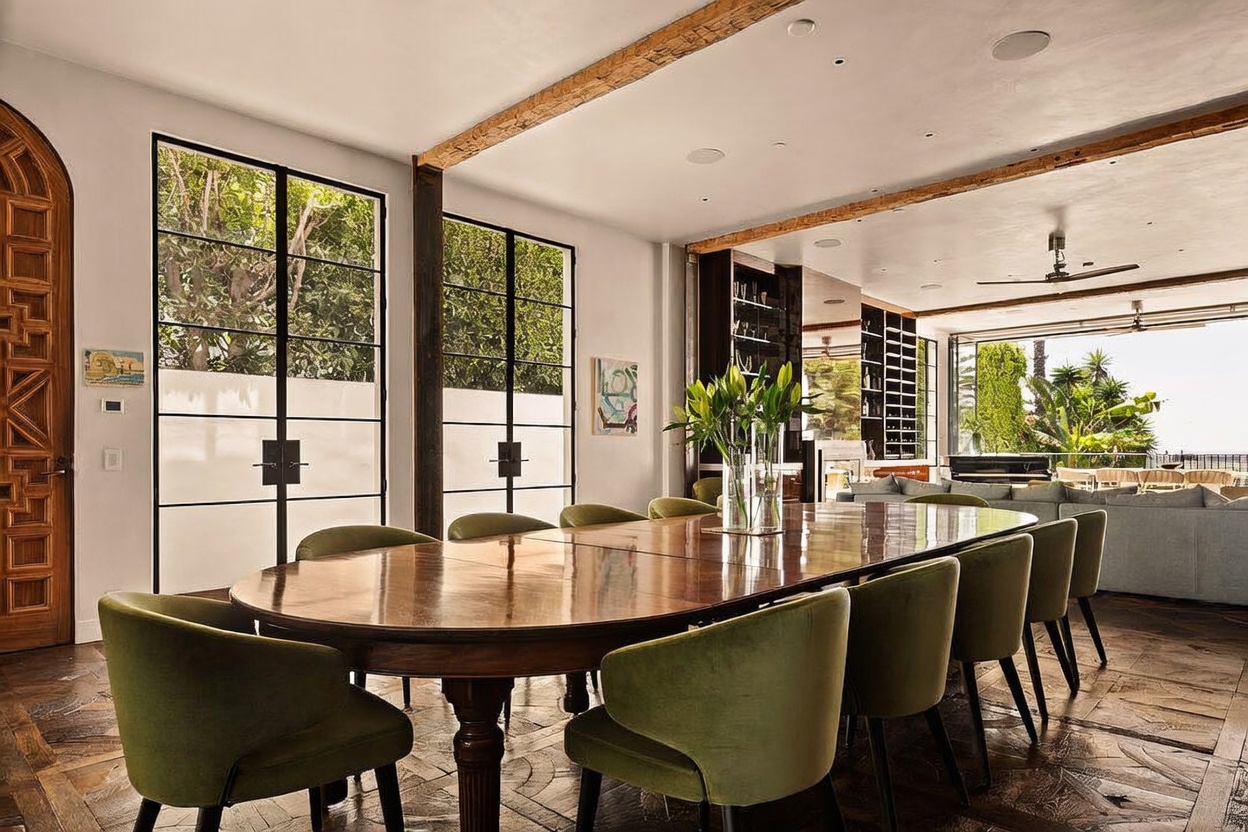 This elegant dining room features a large, oval wooden table surrounded by olive-green velvet chairs, set against a backdrop of intricate patterned wood flooring. The space is defined by tall, black-framed glass doors that allow for abundant natural light and views of the lush greenery outside. A rustic exposed wood beam spans the ceiling, adding a touch of warmth to the sophisticated, open-concept design that flows seamlessly into the adjacent living area.