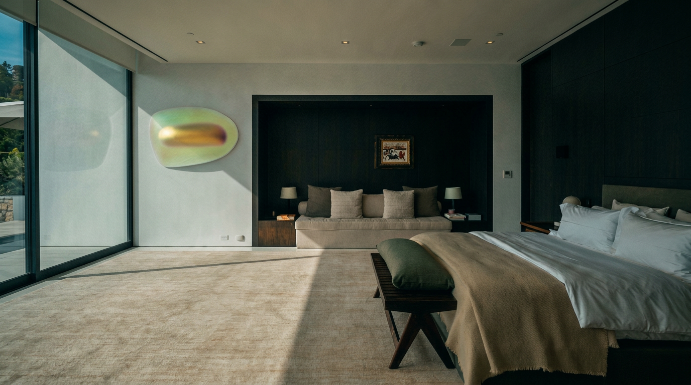 This spacious, minimalist primary bedroom features a neutral color palette, plush carpeting, and a large bed with a bench at the foot. A recessed seating area with a dark accent wall and built-in sofa provides a sophisticated lounge space, while floor-to-ceiling glass doors open to an outdoor area. The room is accented by a unique, iridescent oval wall art piece, creating a serene and luxurious atmosphere.