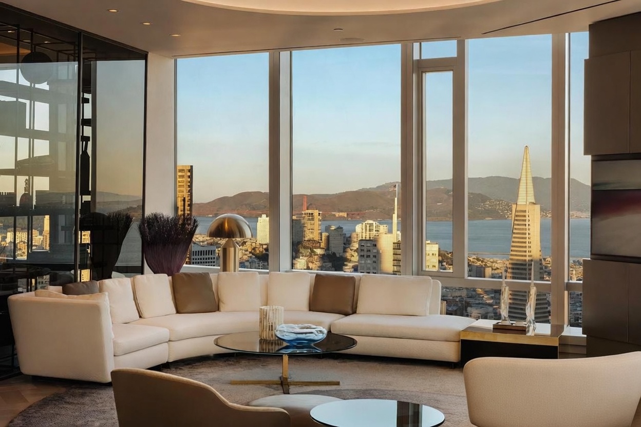 This sophisticated living room features a large, curved white sectional sofa arranged around a circular glass-topped coffee table. The space is defined by expansive floor-to-ceiling windows that offer a panoramic view of the San Francisco skyline, including the Transamerica Pyramid and the bay. The interior design is sleek and contemporary, characterized by neutral tones, minimalist decor, and a high-end urban aesthetic.