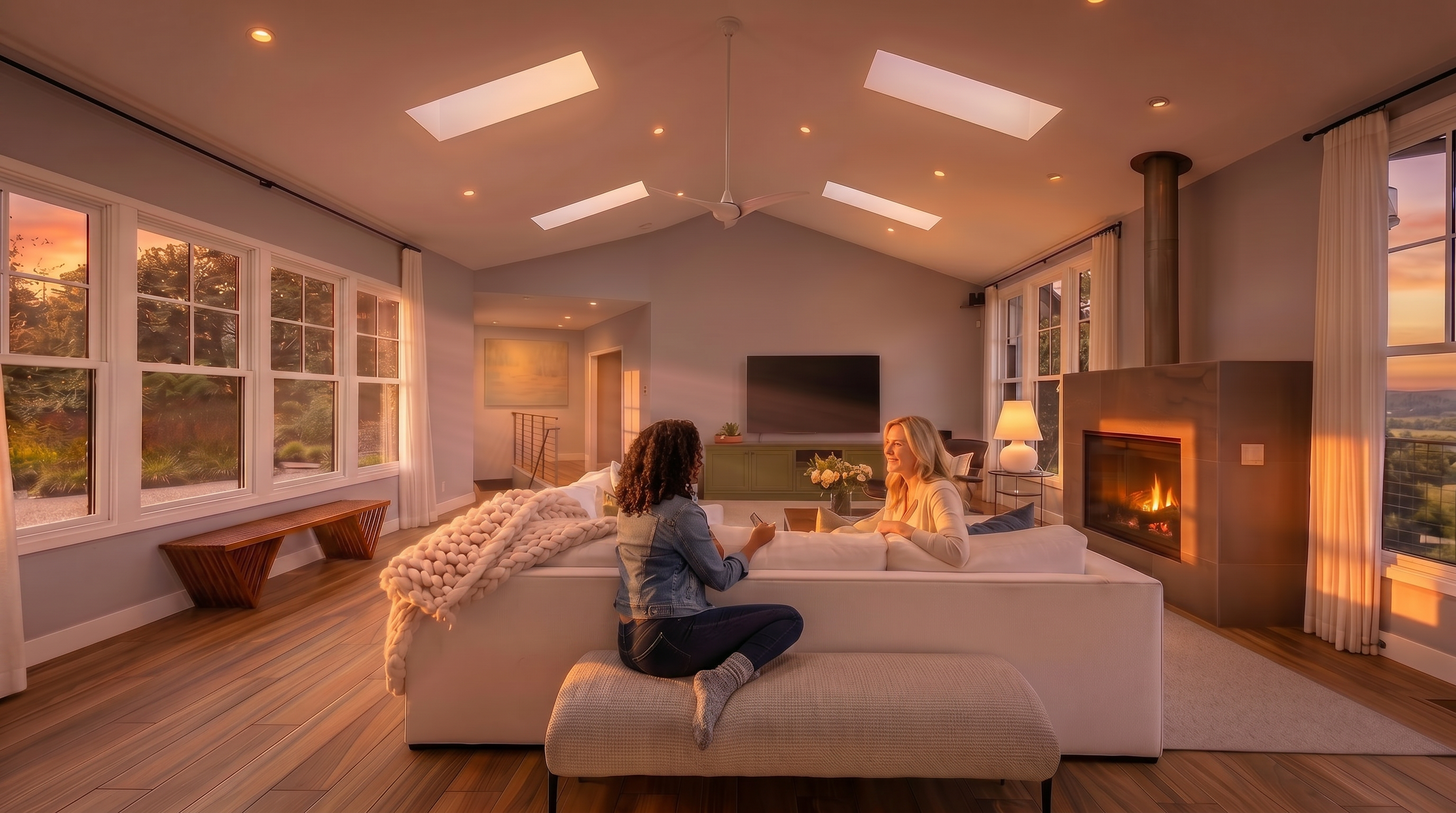 This spacious and light-filled living room features a high vaulted ceiling with multiple skylights and wood-look flooring. The space is anchored by a large white sectional sofa and a sleek, grey modern fireplace, offering expansive views through large windows and a clean, contemporary aesthetic.