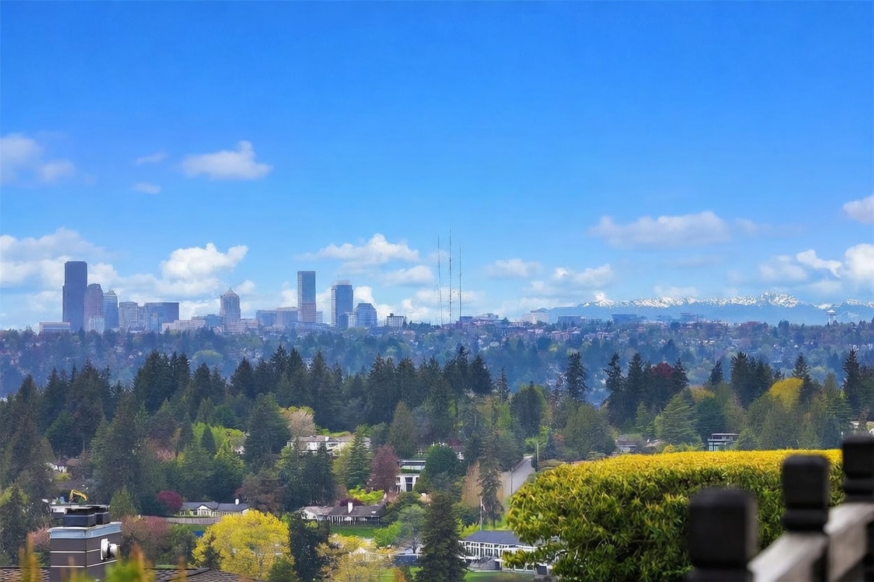 This elevated perspective captures a sweeping panoramic view of a city skyline set against a backdrop of distant, snow-capped mountains. In the foreground, a manicured hedge and a glimpse of a railing suggest the vantage point is from a private balcony or terrace overlooking a lush, tree-filled residential neighborhood. The bright blue sky and clear visibility highlight the property's prime location and impressive scenic outlook.