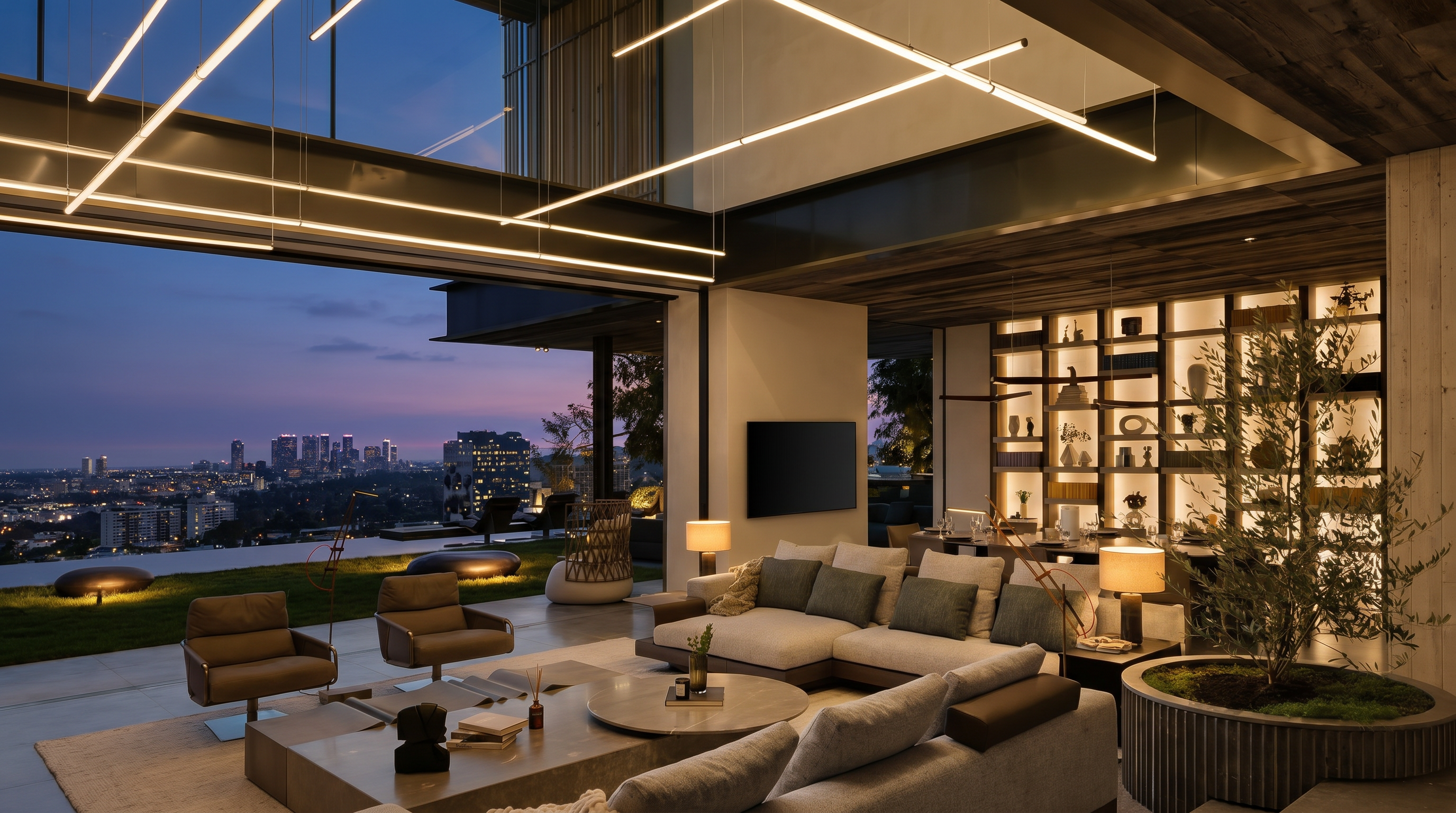 This expansive, ultra-modern living room seamlessly blends indoor and outdoor living through massive floor-to-ceiling glass walls that open onto a lush terrace overlooking a sprawling city skyline at dusk. The interior features a sophisticated neutral palette, plush contemporary seating, and a unique indoor planter, all illuminated by a striking geometric linear lighting installation. The cinematic perspective captures the transition from the luxurious, warm interior to the cool, twilight cityscape, emphasizing the property's high-end architectural design.