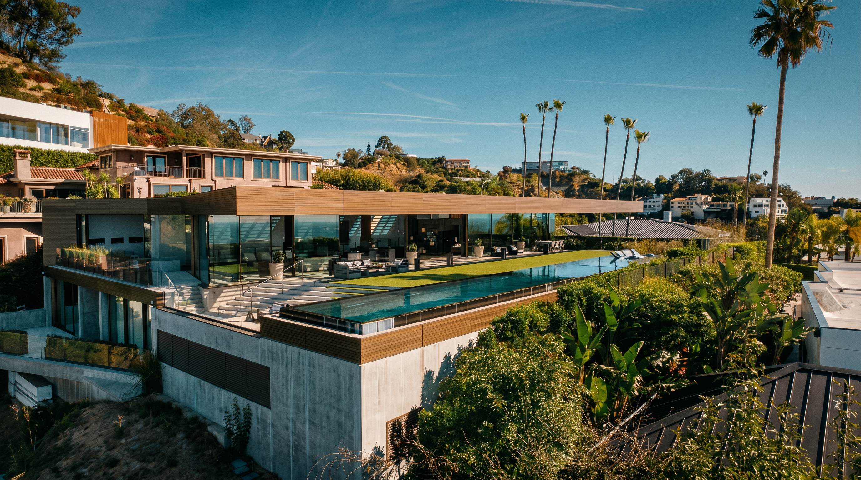 This stunning aerial perspective showcases a modern, multi-level luxury residence perched on a hillside, featuring a sleek, long infinity-edge pool that seamlessly blends with the horizon. The architecture emphasizes clean lines, expansive glass walls, and a spacious outdoor deck area perfect for entertaining, all set against a backdrop of lush greenery and rolling hills. The overall impression is one of sophisticated, high-end contemporary living with panoramic views.